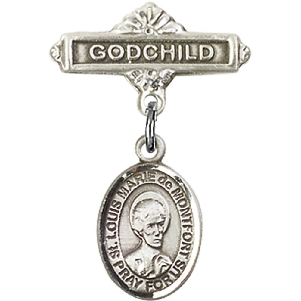 St. Louis Marie de Montfort Sterling Silver Baby Badge Pin - 1 X 5/8 Inch Religious Charm for Godchild - Perfect for Baptism, Christening & First Communion Gifts