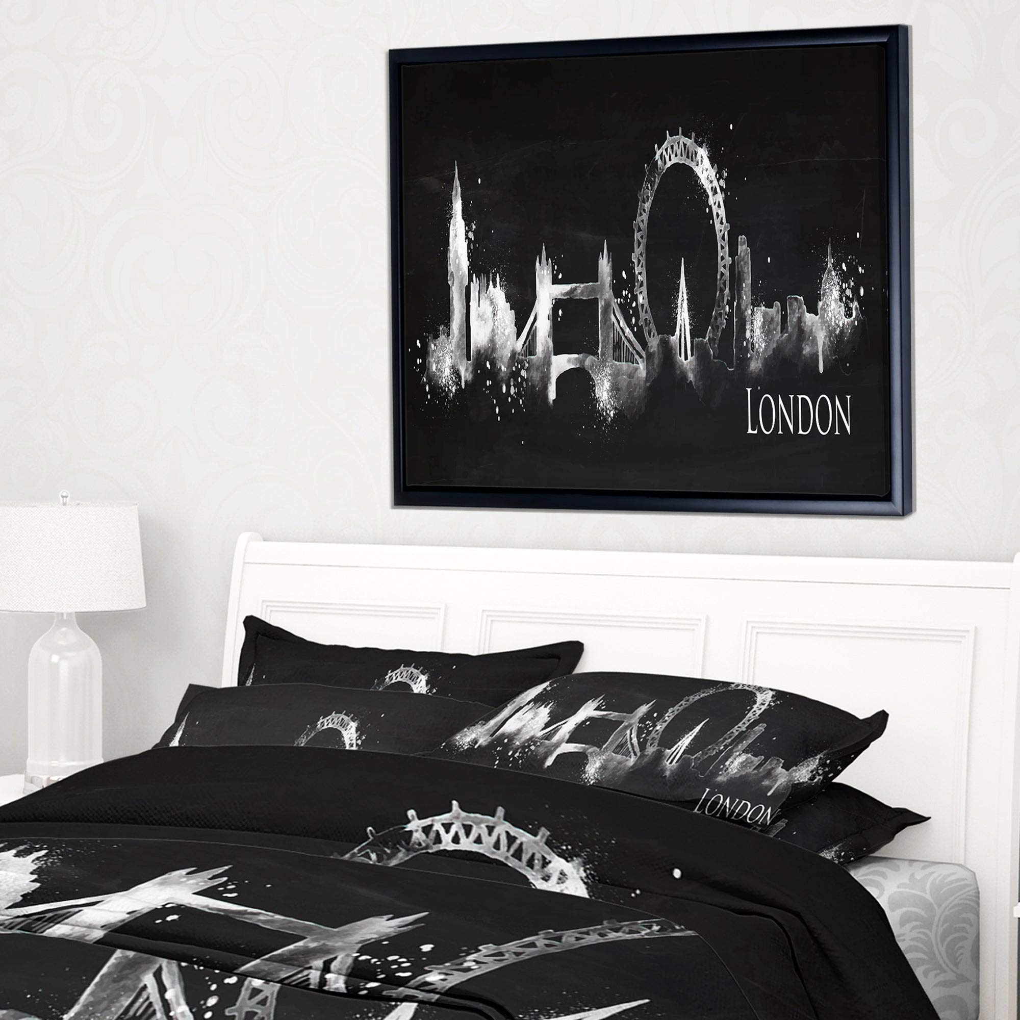 Designart 'London Dark Silhouette' Cityscape Framed Canvas Print - 20x12 Inches - Modern Wall Art for Living Room, Bedroom & Office Decor