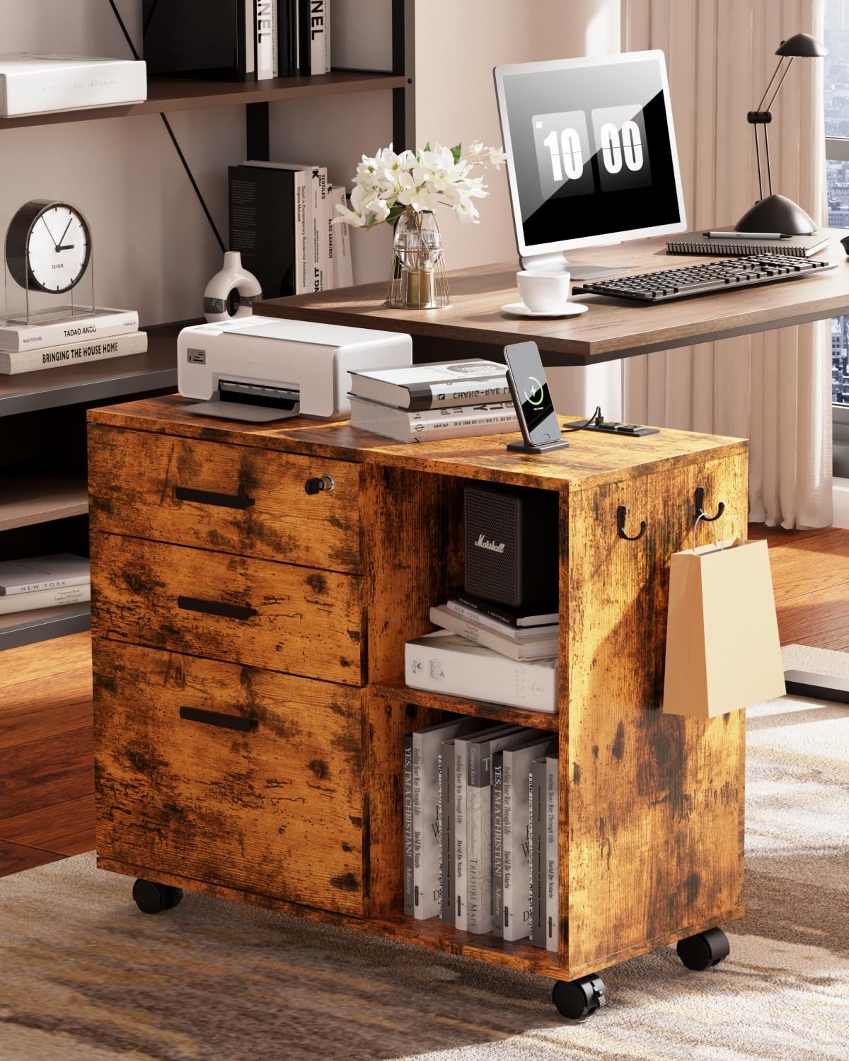 3-Drawer Wood File Cabinet with USB Charging Port & Lock - Home Office Storage Organizer with Open Shelves, Mobile Printer Cabinet - Perfect for Living Room, Study & Workspace Organization