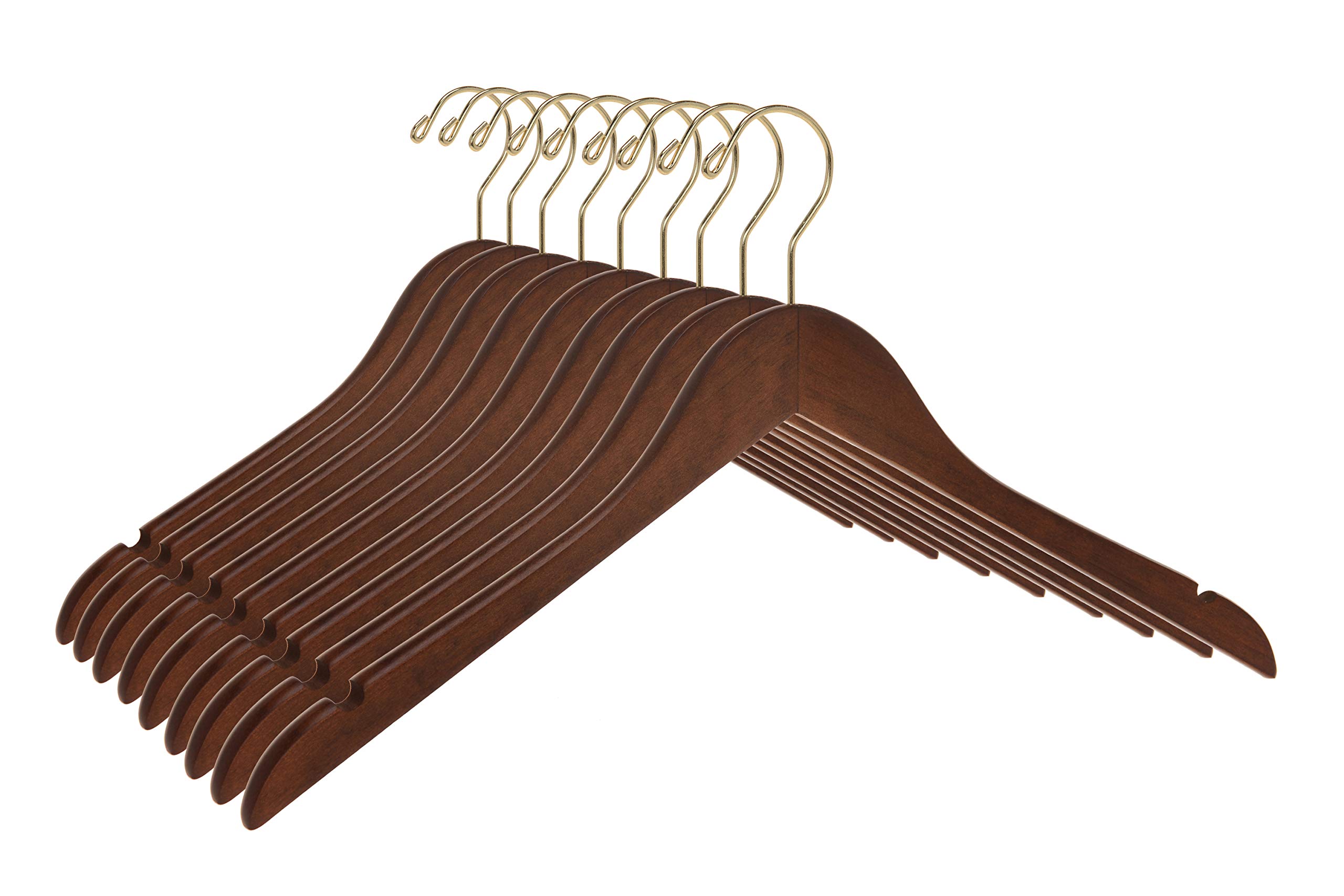 Premium Semi-Curved Wooden Suit Hangers - 10-Pack Smooth Finish Solid Wood Coat Hangers with Swivel Hook for Jackets, Pants & Dresses (Walnut - Gold Hook) - Perfect for Closet Organization & Luxury Wardrobe Storage