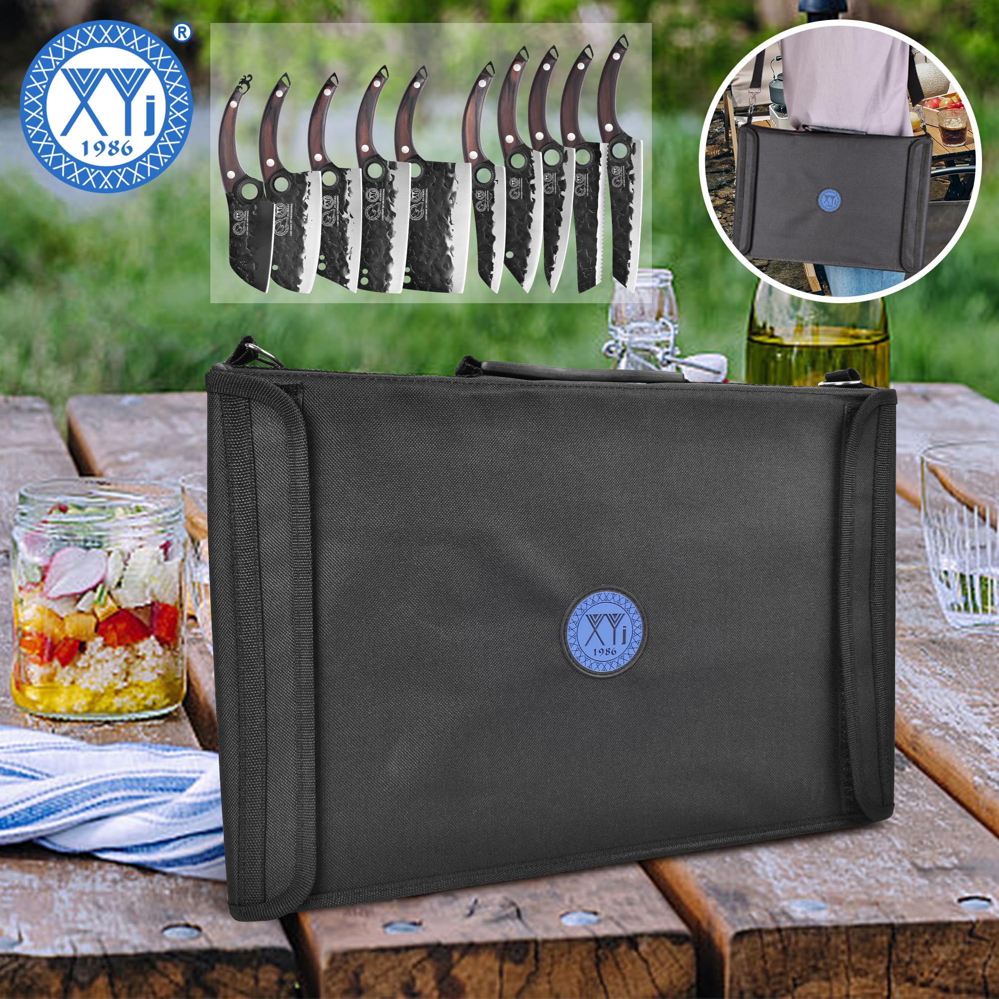 XYJ Professional Kitchen Knife Set - 6-Piece High-Carbon Steel Forged Chef Knives with Full Tang Design (Chef Knife, Cleaver, Carving Knife, Nakiri) Includes Carrying Case & Poultry Shears - Perfect for Home Cooking, Professional Chefs & Meat Processing