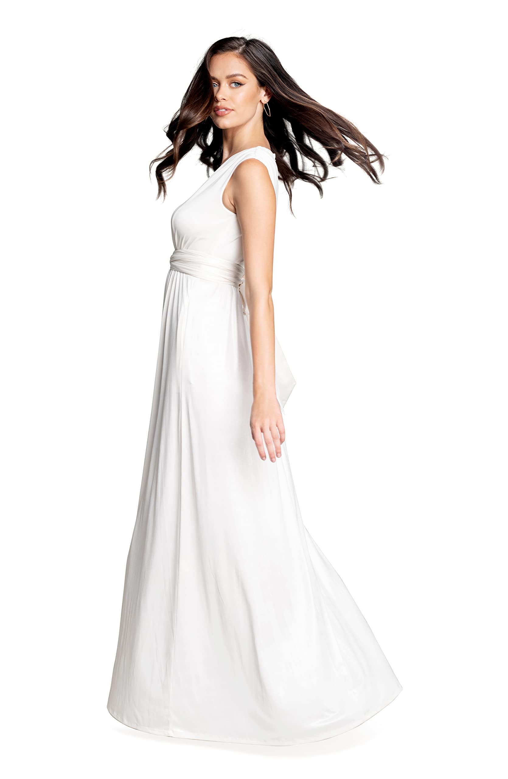 DRESS THE POPULATION Women's Krista V-Neck Tie Waist Coated Jersey Slit Front Maxi Dress | Elegant Formal & Cocktail Party Wear | Wedding Guest & Evening Gown