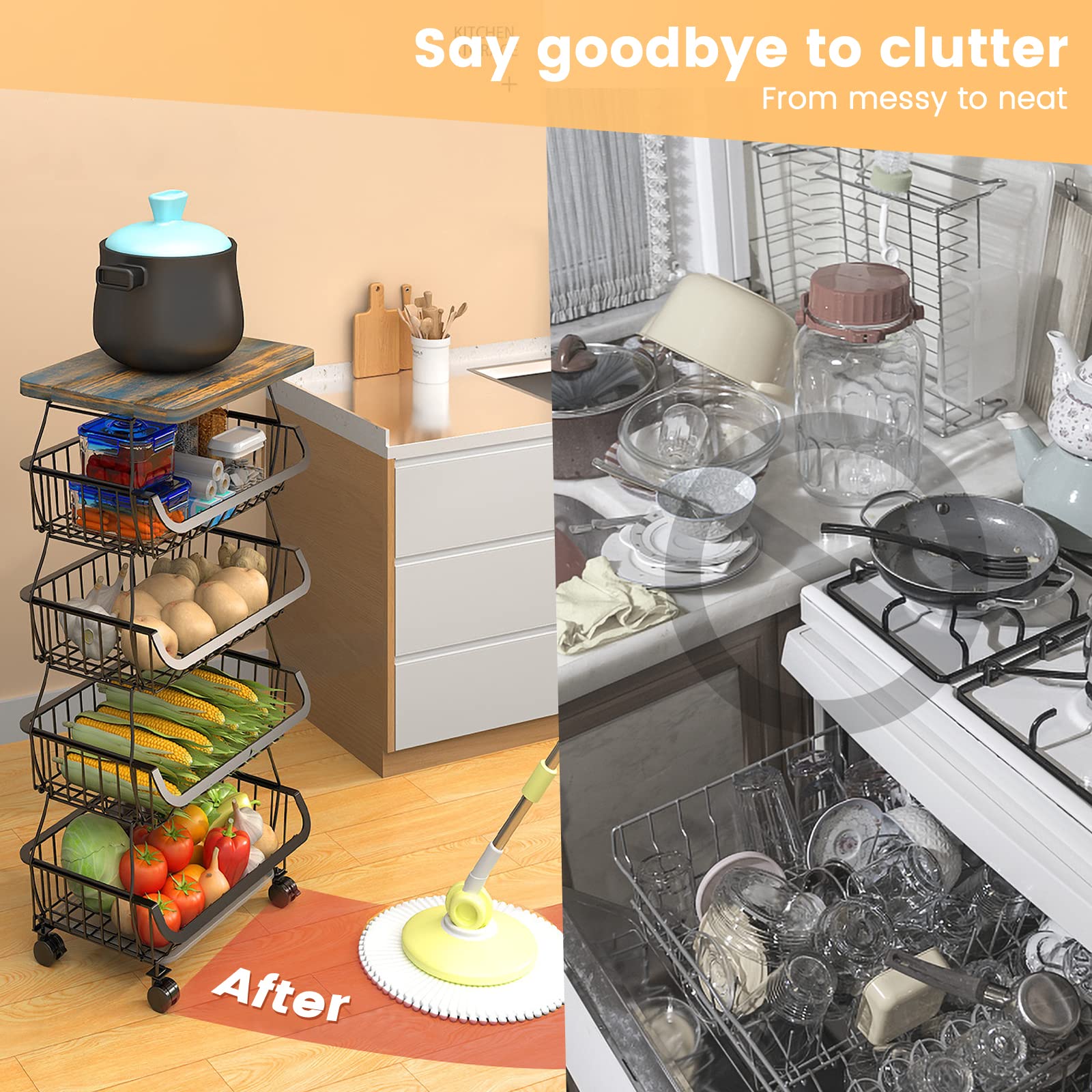 5-Tier Stackable Heavy Duty Wire Rolling Cart for Kitchen & Bathroom - Fruit & Vegetable Storage Basket Organizer with 2 Free Hanging Baskets | Perfect for Pantry Organization, Countertop Display & Small Space Storage