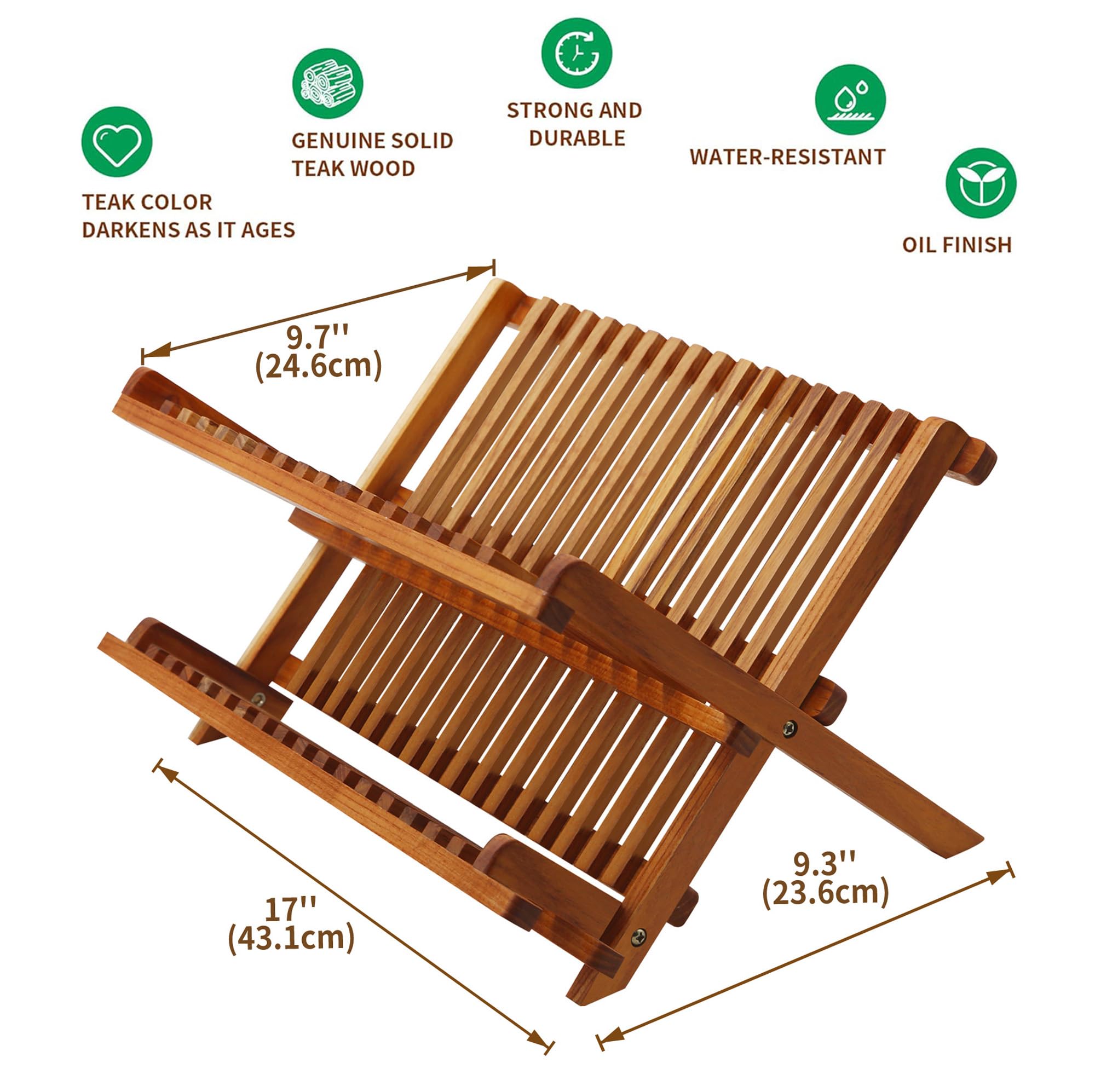 Utoplike Teak Dish Drainer Rack - 2 Tier Collapsible & Foldable Dish Drying Rack, Compact Plate Organizer Holder for Kitchen - Perfect for Small Spaces, Countertop Storage & Dish Drying