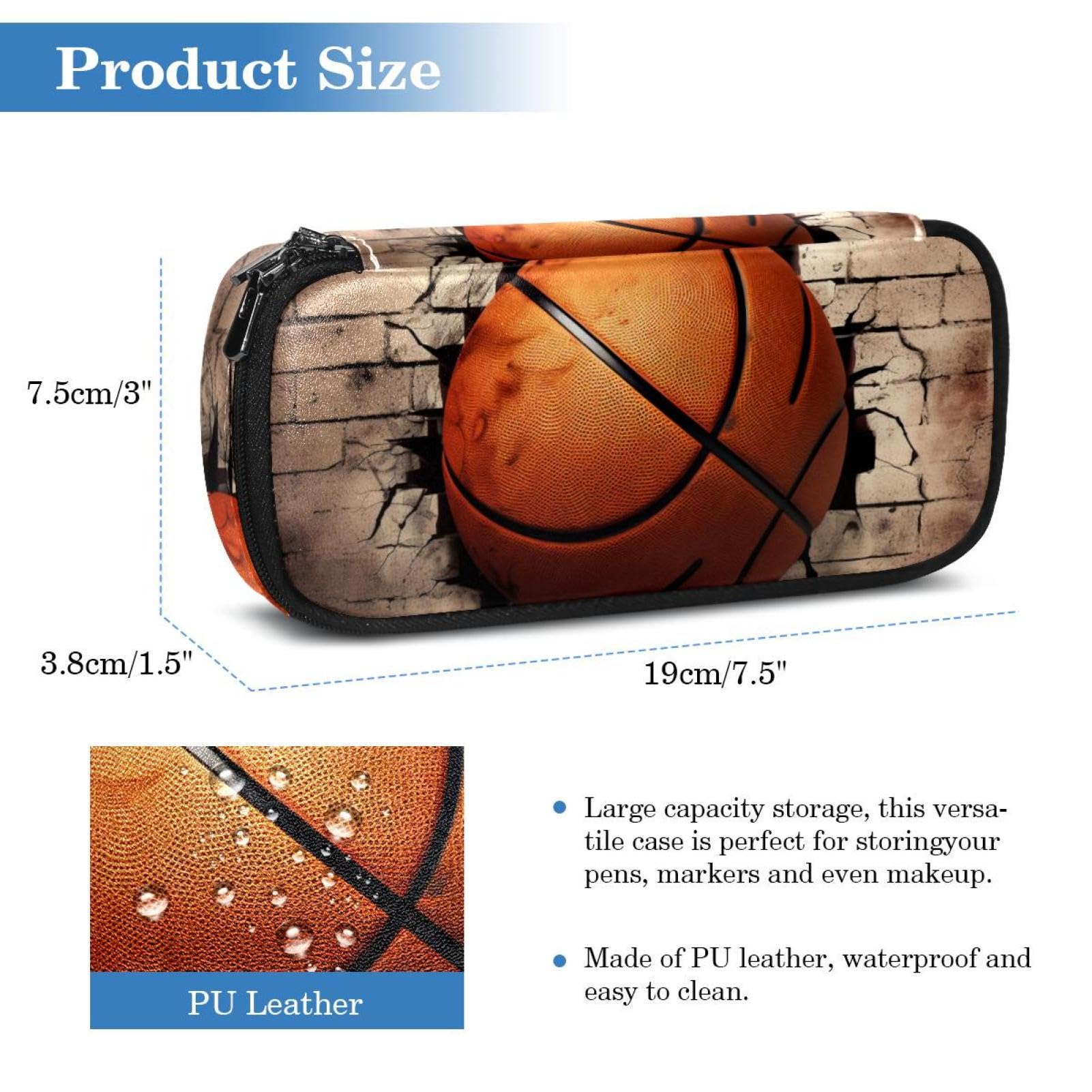 3D Basketball Pattern Pencil Pouch - Small Pen Case for School, Office & Travel - Durable Zippered Pencil Holder for Students, Artists & Professionals