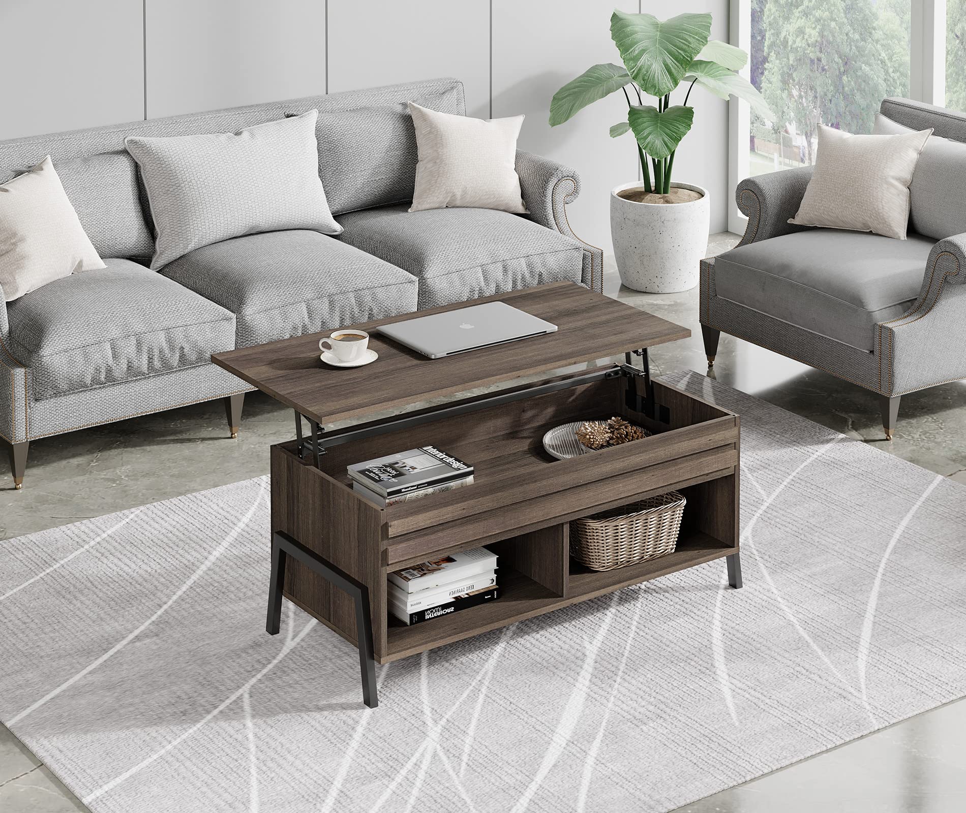 WAMPAT 42 Inch Lift Top Coffee Table with Hidden Storage Compartment & Shelf - Convertible to Dining Table - Espresso Finish for Living Room, Reception Area - Perfect for Small Spaces & Entertaining