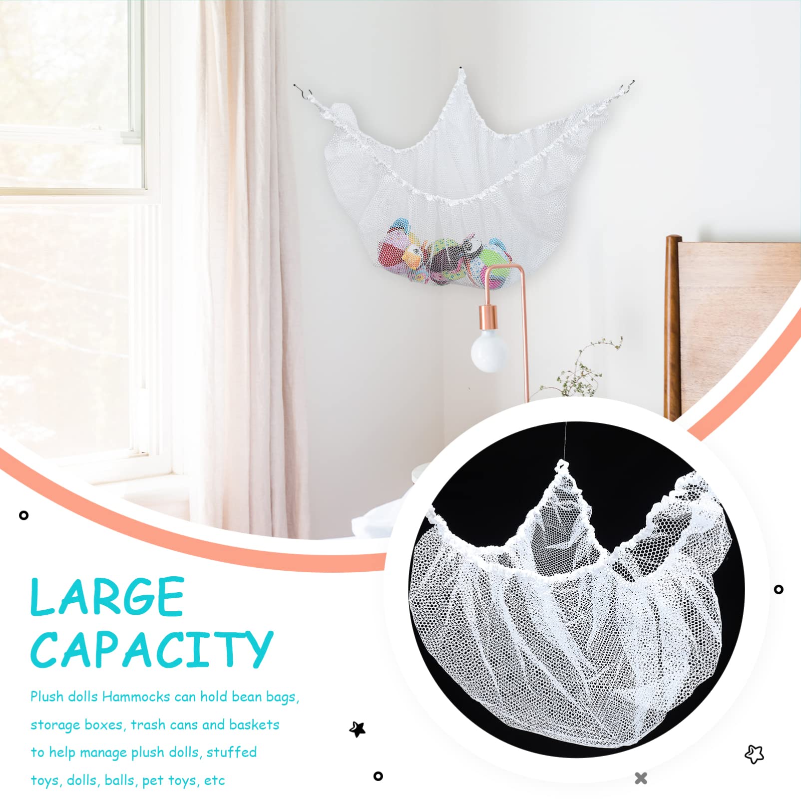 Cabilock Large White Polyester Storage Hammock Net Bag - Multi-Functional Corner Net for Stuffed Animals, Kids Toys & Bath Accessories - Perfect for Nursery Organization, Playroom Storage & Baby Shower Gifts