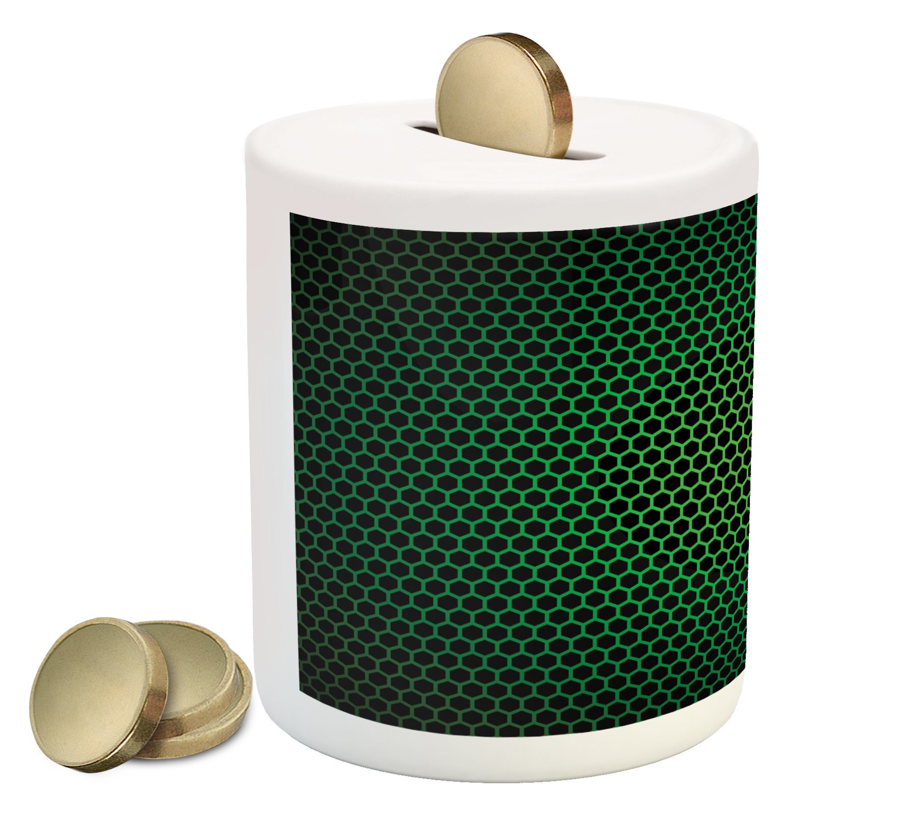 Ambesonne Ceramic Piggy Bank - Forest Green Honeycomb Geometric Design with Polygon Grid Mesh Tile for Cash & Coin Saving | Perfect for Kids, Teens & Adults | Ideal for Home, Office & Gift Giving