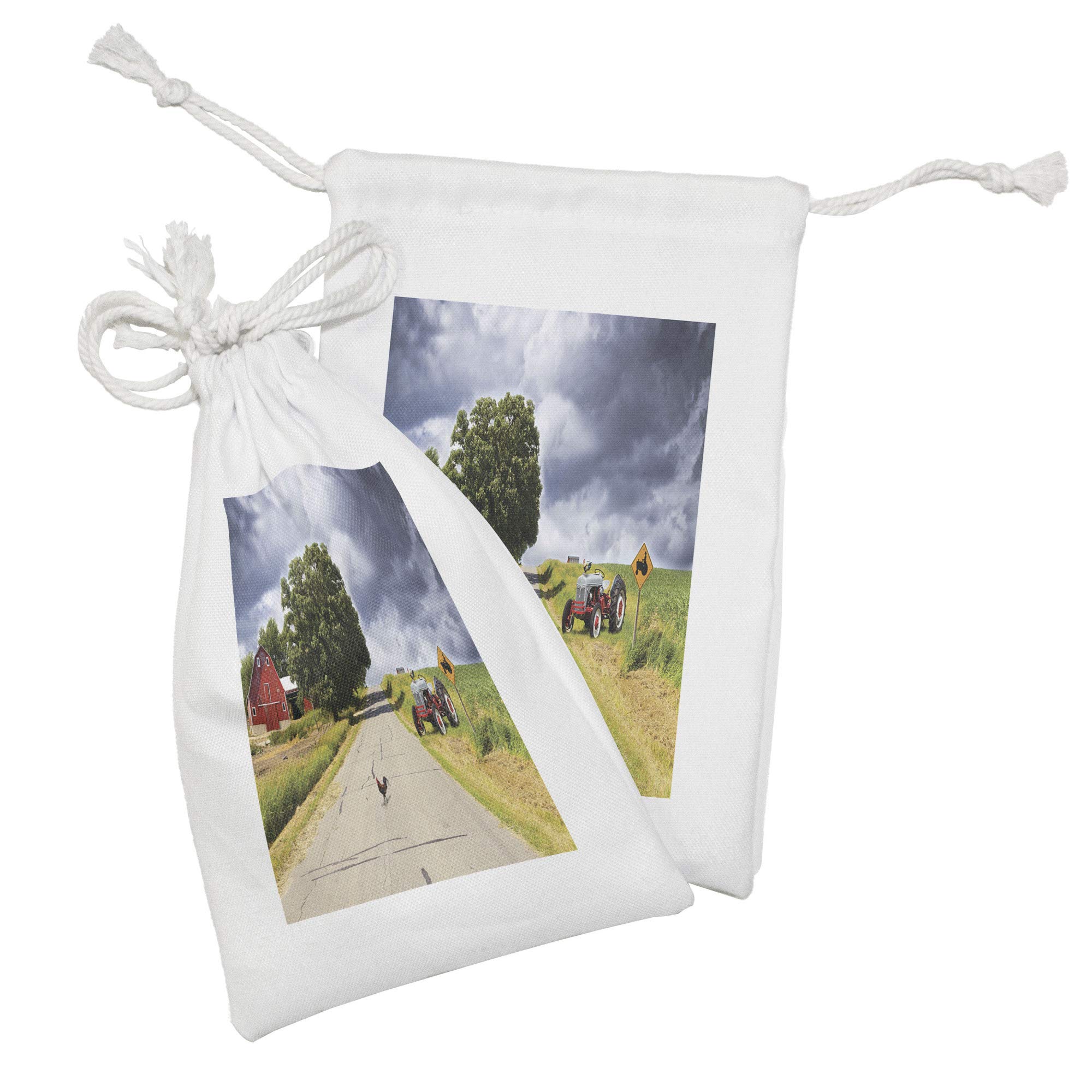 Ambesonne Farmhouse Fabric Pouch Set of 2 - Country Road Barn & Tractor Design - 9