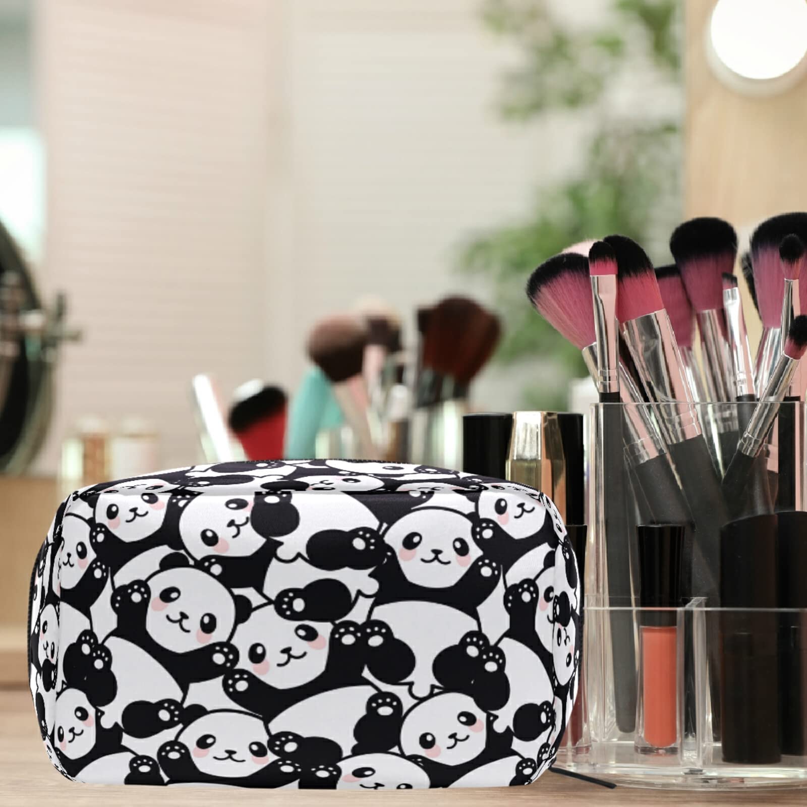 Cute Panda Pattern Small Cosmetic Bag for Women & Girls - Travel Makeup Organizer with Multiple Compartments - Perfect for Toiletries, Cosmetics & Travel Essentials