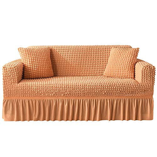 Stretchable & Durable Jacquard Sofa Slipcover with Skirt - Washable Furniture Protector for Oversized Couches (Orange) - Perfect for Living Room, Family Room & Pet-Friendly Homes