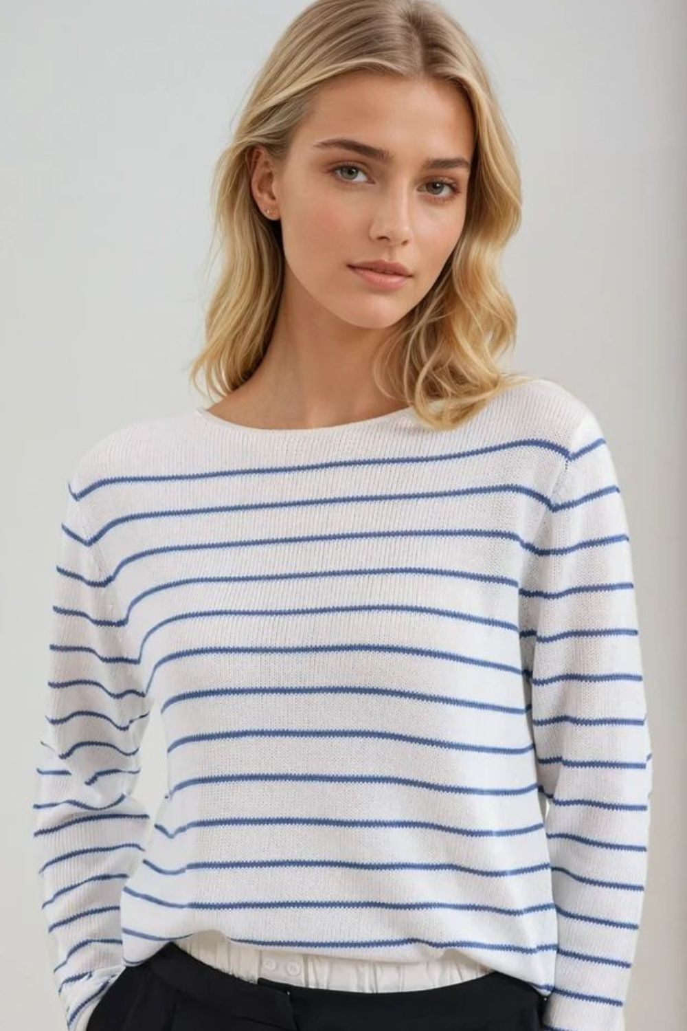 Blue Striped Fine Knit Pullover Sweater for Women - Soft & Comfortable Casual Wear for Fall & Winter