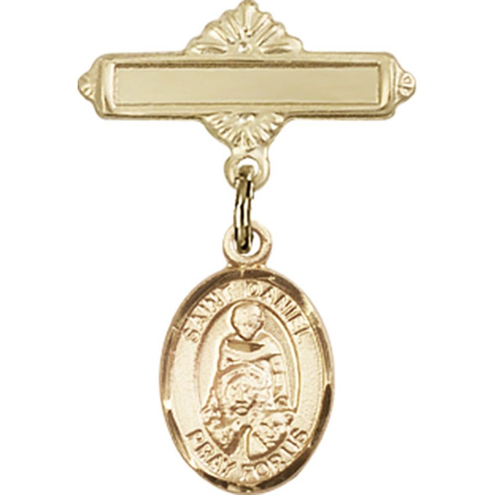 1 X 5/8 Inch Gold Filled Baby Badge with St. Daniel Charm & Polished Pin - Perfect for Christening Gifts, Baby Showers & Keepsakes