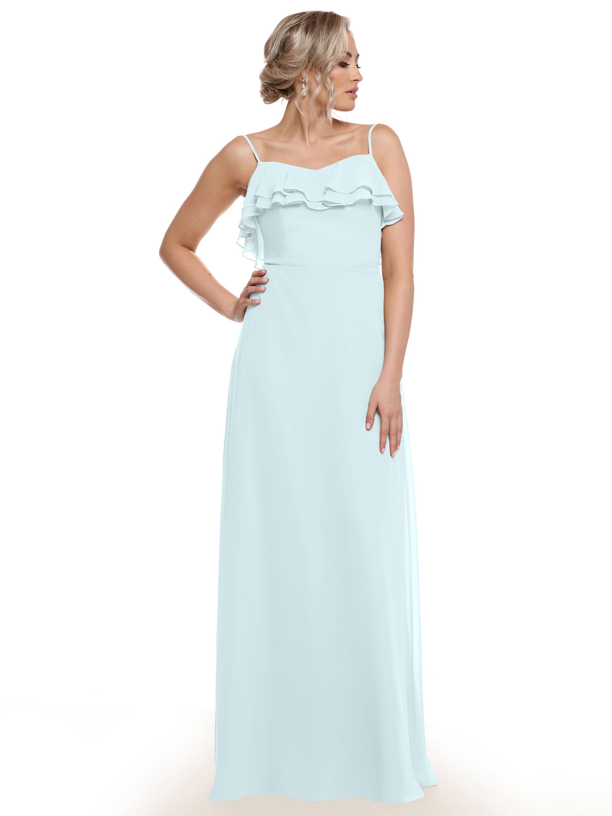 Elegant 80146 Sheath Chiffon Bridesmaid Dress with Ruffled Neckline - Perfect for Weddings, Formal Events & Special Occasions