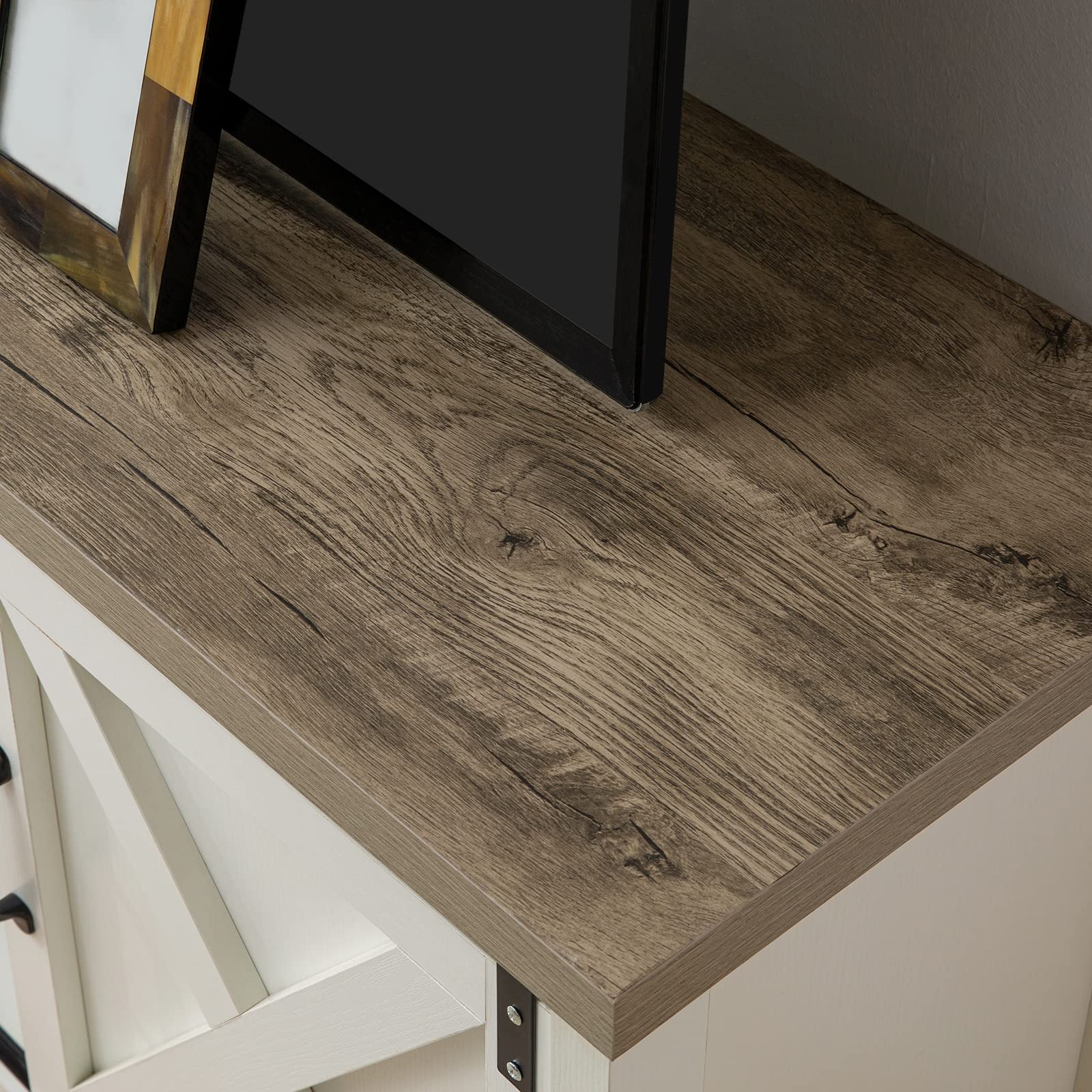 Modern Farmhouse TV Stand with Sliding Barn Doors - 65 Inch Rustic Media Console with 2-Tier Storage Cabinets - Antique White Entertainment Center for Living Room & Bedroom - Perfect for Farmhouse Decor & Cozy Family Movie Nights