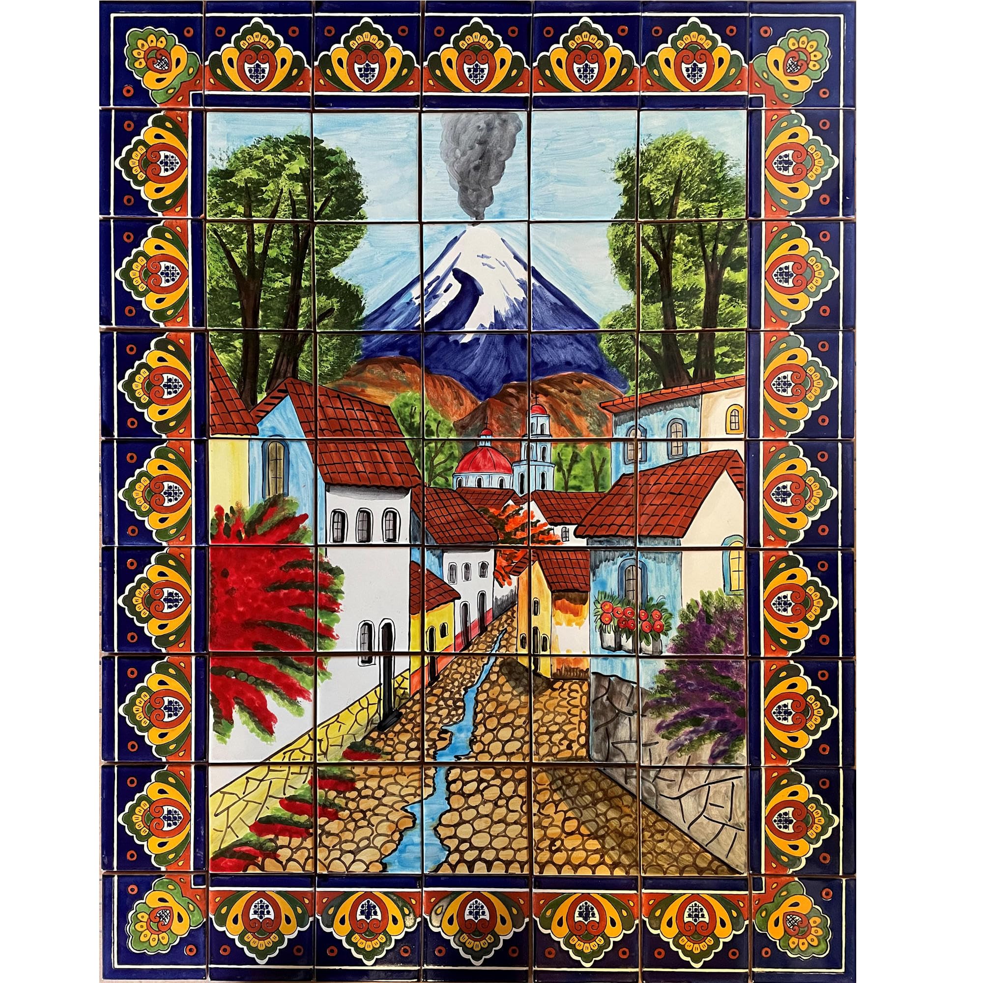 Handmade Mexican Talavera Tile Mural - Authentic Volcano Clay Wall Art for Kitchen Backsplash, Bathroom Decor & Outdoor Patio Design