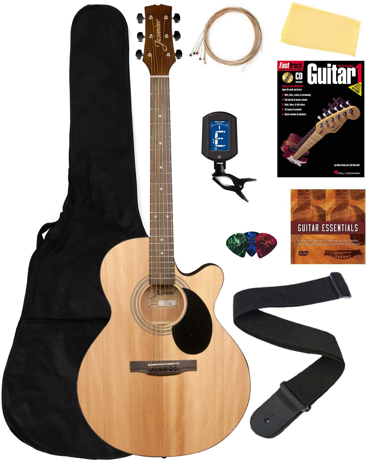 S34C NEX Cutaway Acoustic Guitar Bundle - Natural Finish with Gig Bag, Tuner, Strap, Picks, Strings, Instructional Book & DVD | Perfect for Beginners, Travel & Live Performances