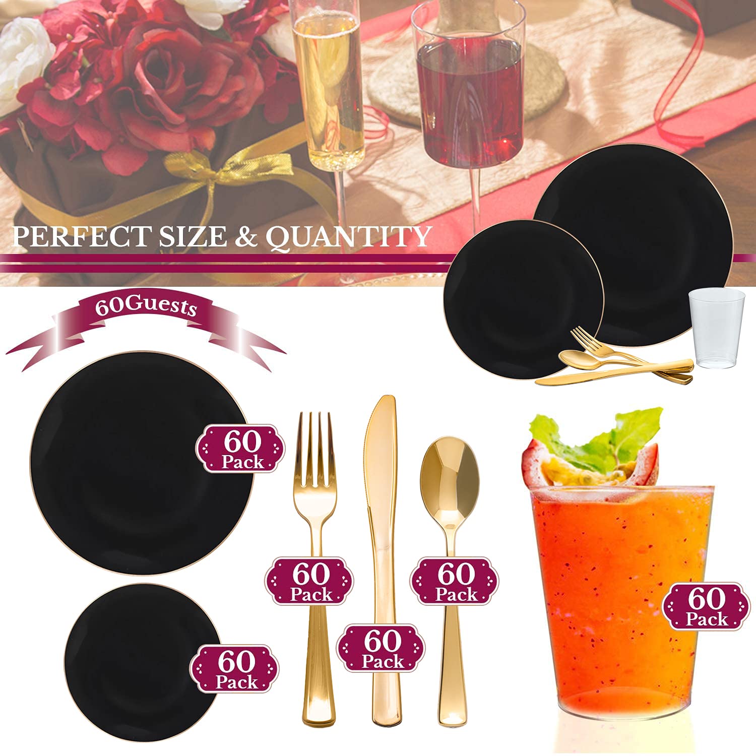 Eco-Friendly Disposable Plastic Plates with Elegant Rim Design - Bulk Round Dinnerware for Wedding, Birthday Party & Special Events (Black & Gold, 60-Piece Wedding Set) - Perfect for Catering, Outdoor Events & Large Gatherings