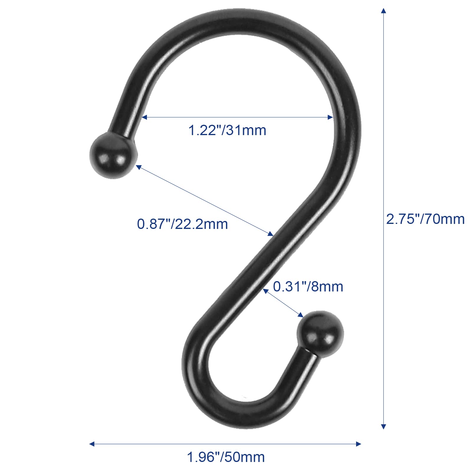 12-Pack Rust-Proof Metal Shower Curtain Hooks - Durable S-Shaped Hangers for Bathroom, Kitchen & Closet - Perfect for Shower Curtains, Utensils, Clothes & Towels (Black) | Space-Saving Home Organization Solution