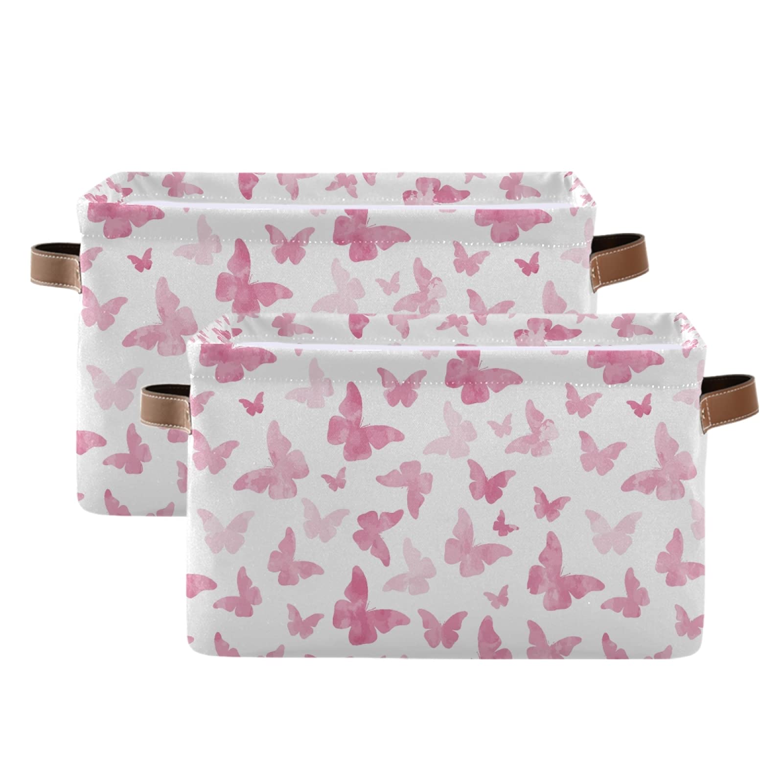 Large Pink Watercolor Butterfly Storage Bins - 2 Pack Collapsible Canvas Cube Organizers (15x11x9.5 Inches) for Home, Office & Closet Organization | Perfect for Toys, Blankets & Seasonal Decor Storage