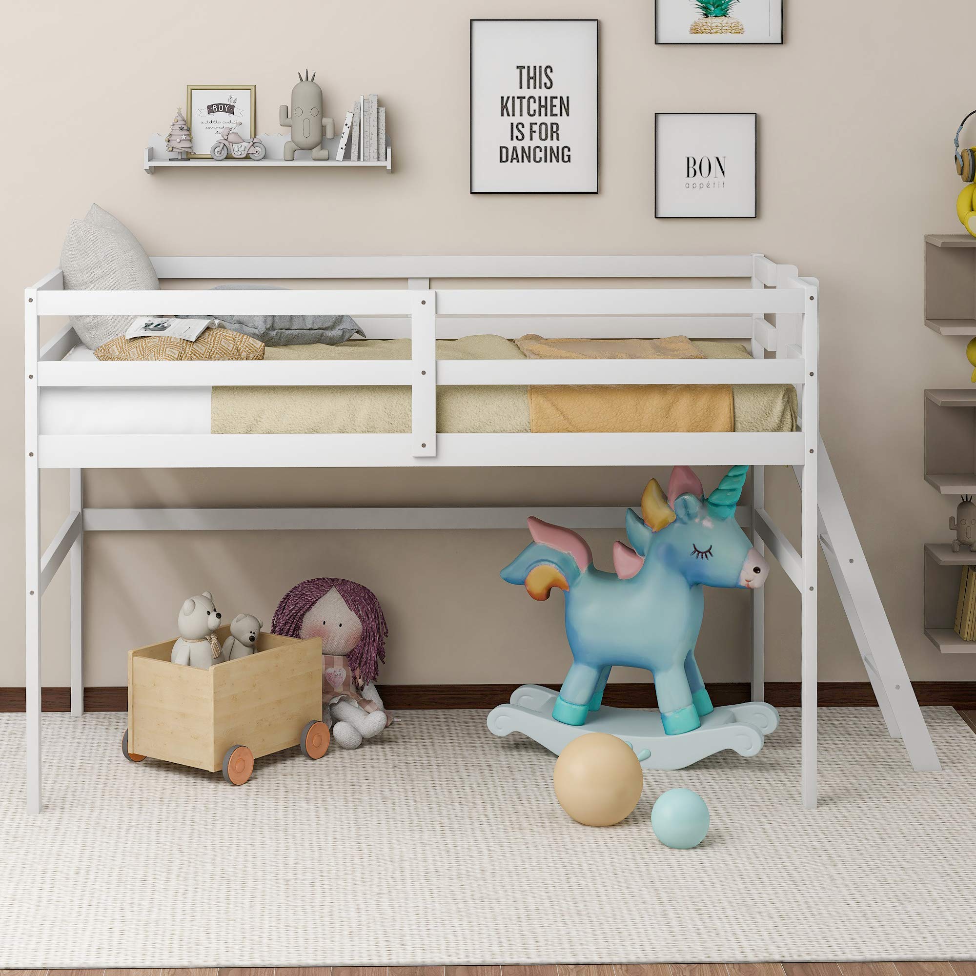Classic Wood Twin Low Loft Bed with Slide Ladder - Sturdy Wooden Kids Loft Bed for Small Bedrooms - Space-Saving Gray Bedroom Furniture - Perfect for Kids' Rooms, Dormitories & Small Spaces