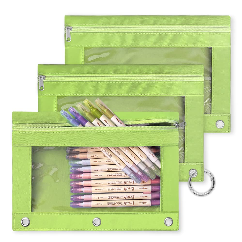 3-Pack Bright Green 3-Ring Binder Pencil Pouch with Zipper Closure - Large Capacity Clear Window Pencil Case with Reinforced Grommets - Perfect for School, Office & Art Supplies Organization