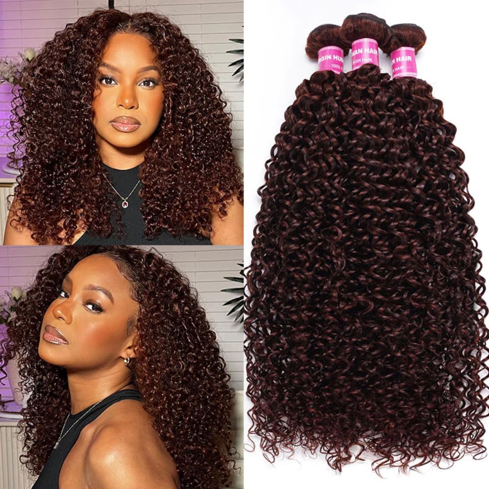 KLAIYI 10A Reddish Brown Curly 3 Bundles Brazilian Virgin Human Hair Weave 10 12 14 Inch - 100% Unprocessed Remy Hair Extensions for Sew in, Auburn Brown Copper Red 33B Color - Perfect for Daily Styling, Parties & Special Occasions
