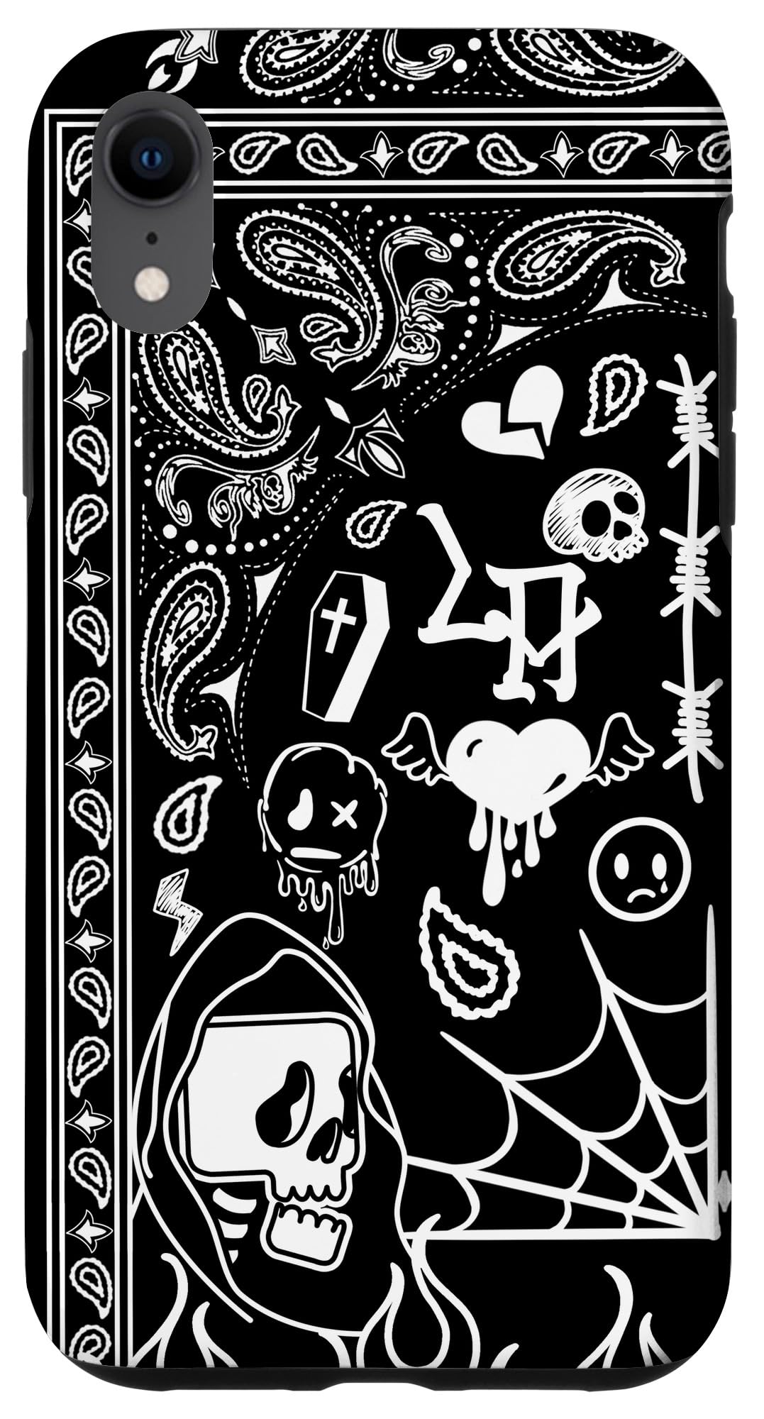 iPhone XR Case - Graffiti Doodle Bandana Pattern with Flames & Happy Face Design | Trendy Protective Cover for Everyday Use, Travel & Street Style Fashion