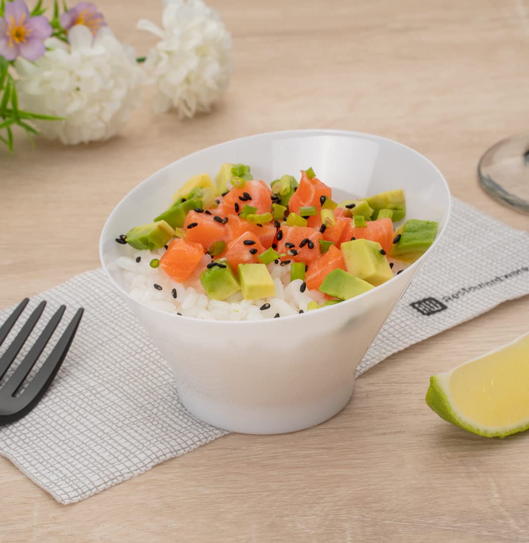 5 oz Disposable Plastic Appetizer Bowls - 100 Pack White Round Serving Bowls with Incline Design - Durable Snack Cups for Weddings, Birthdays, Parties & Catering - Perfect for Chips, Nuts, Candy & Small Appetizers
