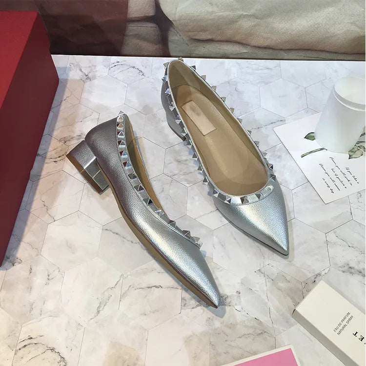 Luxury Leather Rivet High Heels for Women - Designer Pointed Toe Square Heel Pumps | Perfect for Evening Parties, Weddings & Office Wear