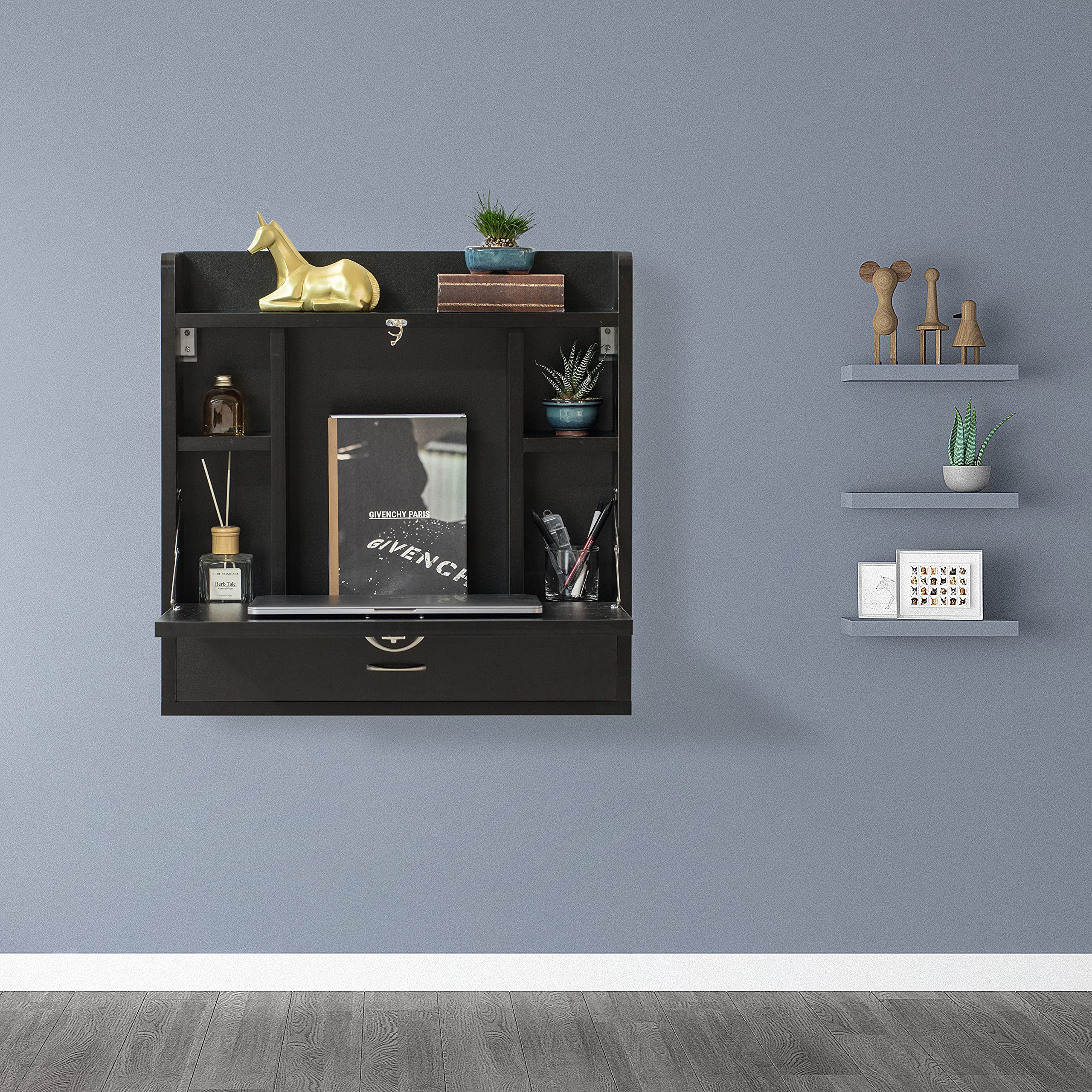 Basicwise Wall Mount Folding Desk - Space Saving Laptop Computer Writing or Makeup Table with Storage Shelves & Drawer, Black - Perfect for Small Apartments, Dorm Rooms & Home Offices