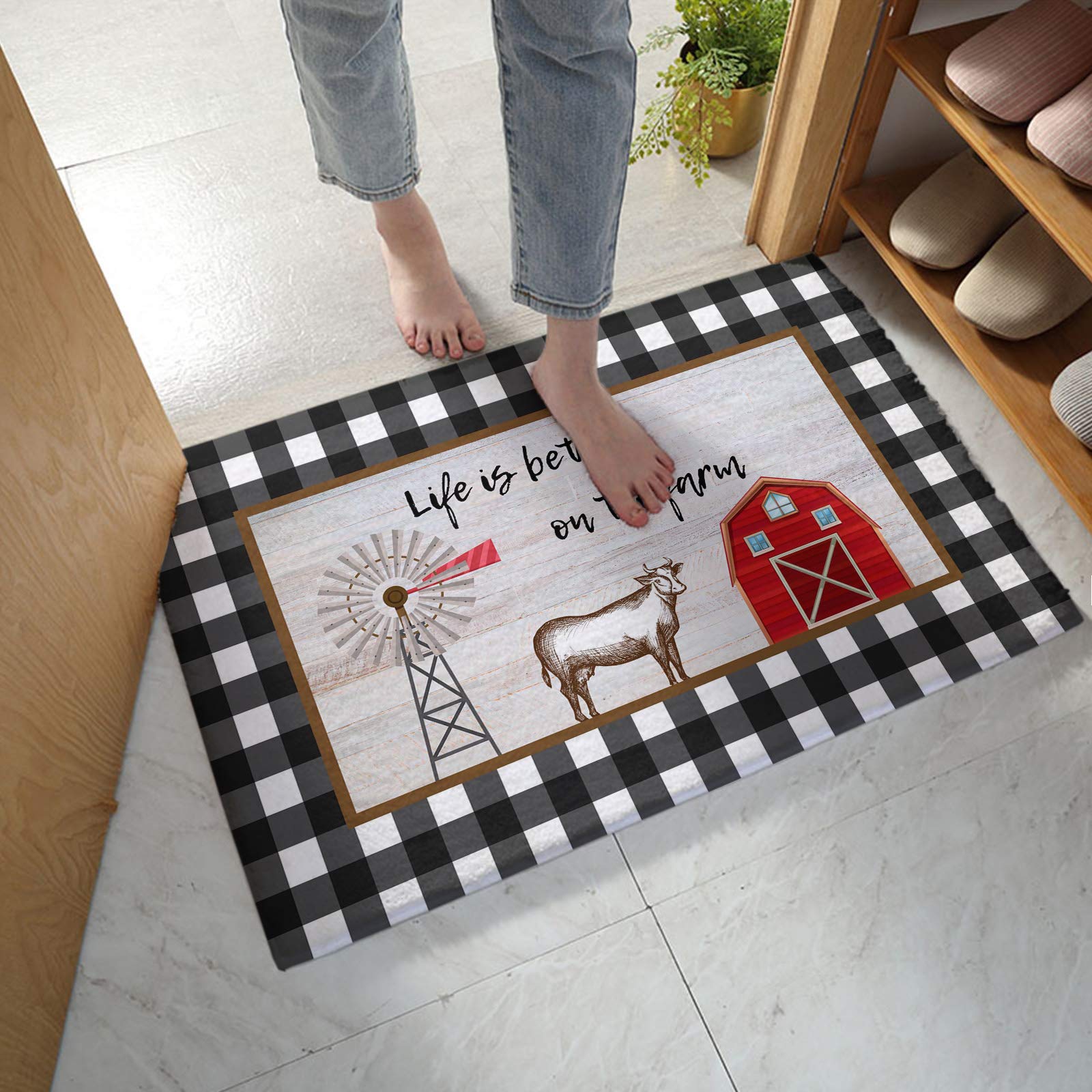 16x24 Inch Absorbent Indoor Doormat - Farmhouse Checkered Windmill Cow Design for Front/Back Door, Bathroom, Kitchen & Bedroom - Non-Slip Entrance Rug for Home Decor, Better Farm Life Style
