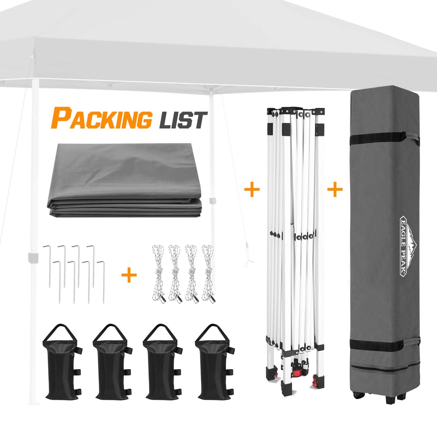 EAGLE PEAK 10x10 ft Pop Up Canopy Tent with Wheeled Carry Bag - Includes 8 Stakes, 4 Ropes & 4 Weight Bags - Easy Setup Portable Shade Shelter (100 sq ft Coverage, Gray) - Perfect for Outdoor Events, Camping, Beach Trips & Backyard Parties