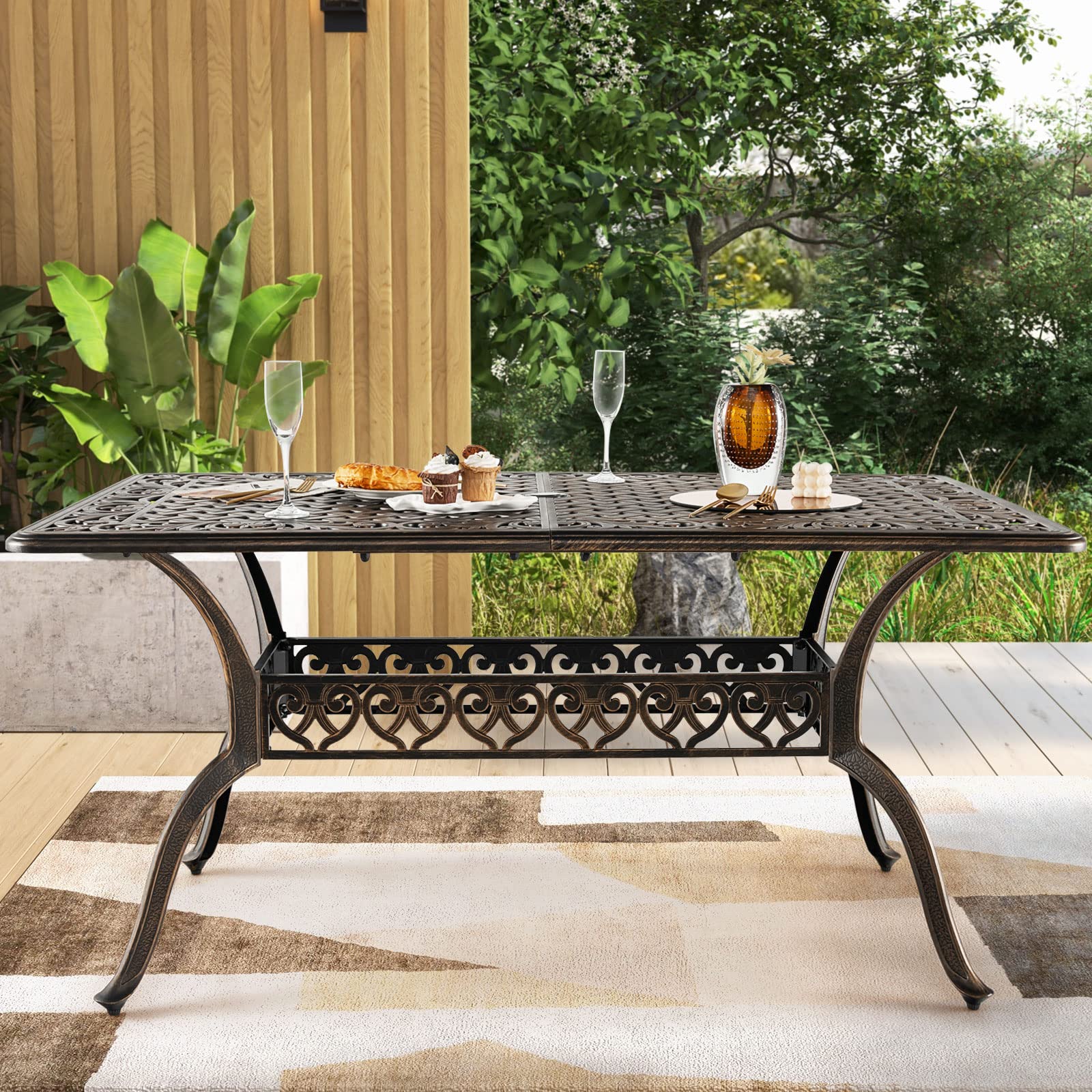 Tangkula 59 Inch Outdoor Dining Table - All-Weather Cast Aluminum Patio Table with Umbrella Hole - 6-8 Person Rectangular Garden Table for Backyard, Poolside & Outdoor Entertaining (Bronze)