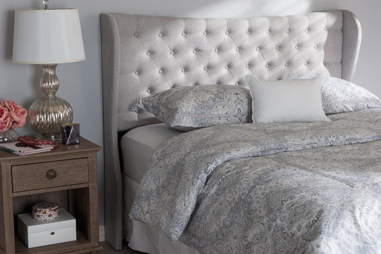 Baxton Studio Cadence Modern Fabric Button-Tufted Winged Headboard - Queen Size, Greyish Beige Upholstered Bed Frame Headboard for Bedroom Decor | Perfect for Master Bedroom, Guest Room & Apartment