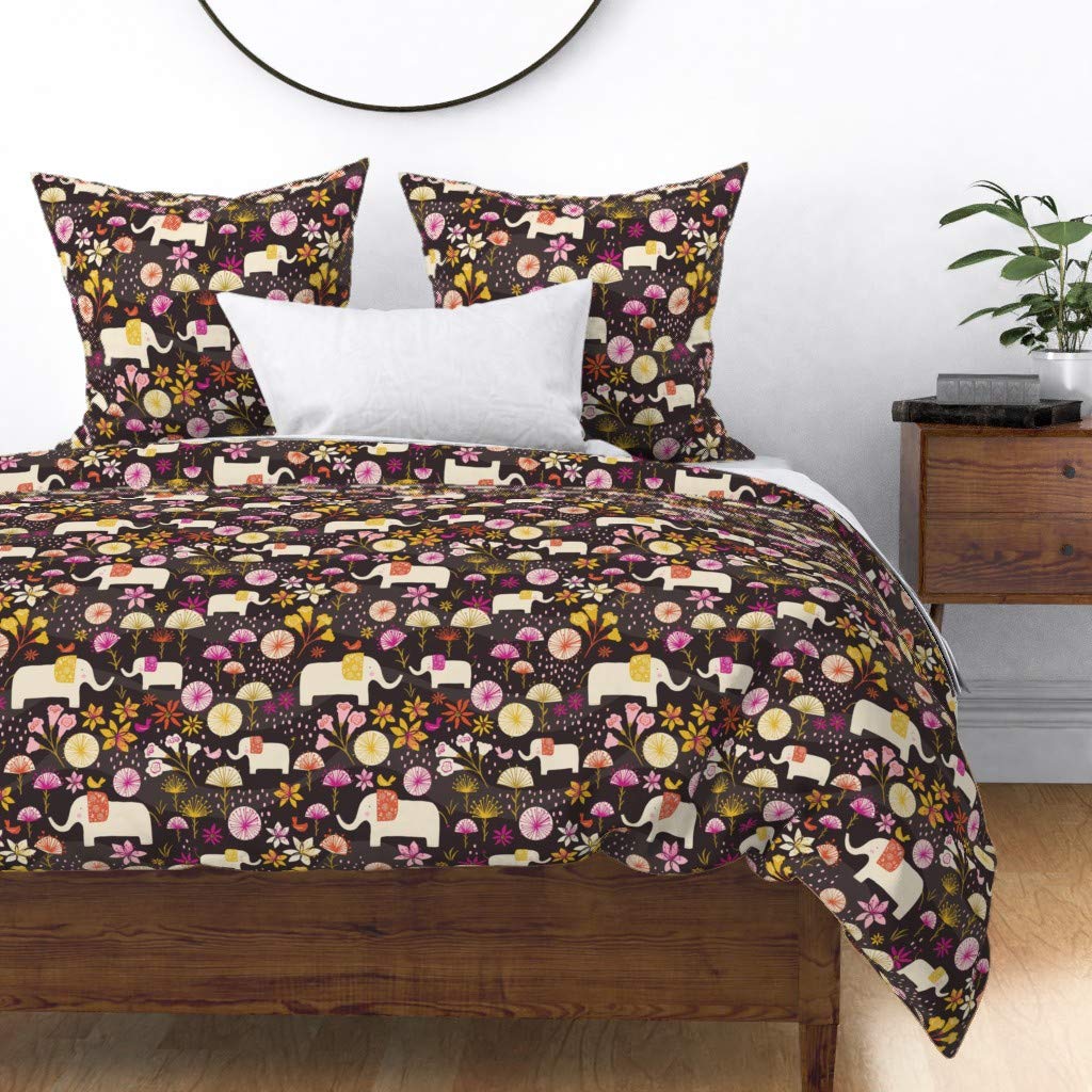 Premium Cotton Sateen Duvet Cover King/California King Size - Elegant Elephant Floral Print with Cute Animal & Plant Designs | Modern Spring Summer Bedding Set for Girls Room Decor | Perfect for Nursery, Guest Room & Bohemian Style Bedrooms