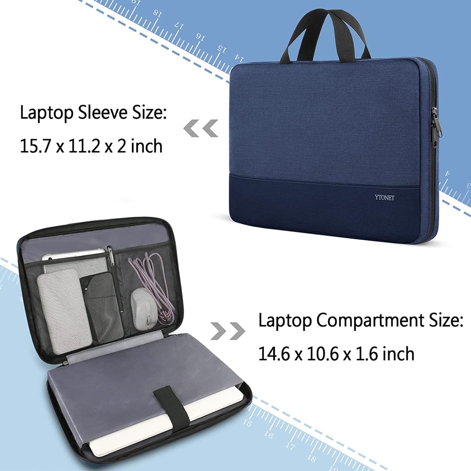 Ytonet 15.6 Inch Slim Water Resistant Laptop Sleeve Case - TSA Approved Protective Computer Bag with Handle for HP Dell Lenovo Asus Notebooks (Dark Blue) - Perfect for Travel, Work & School