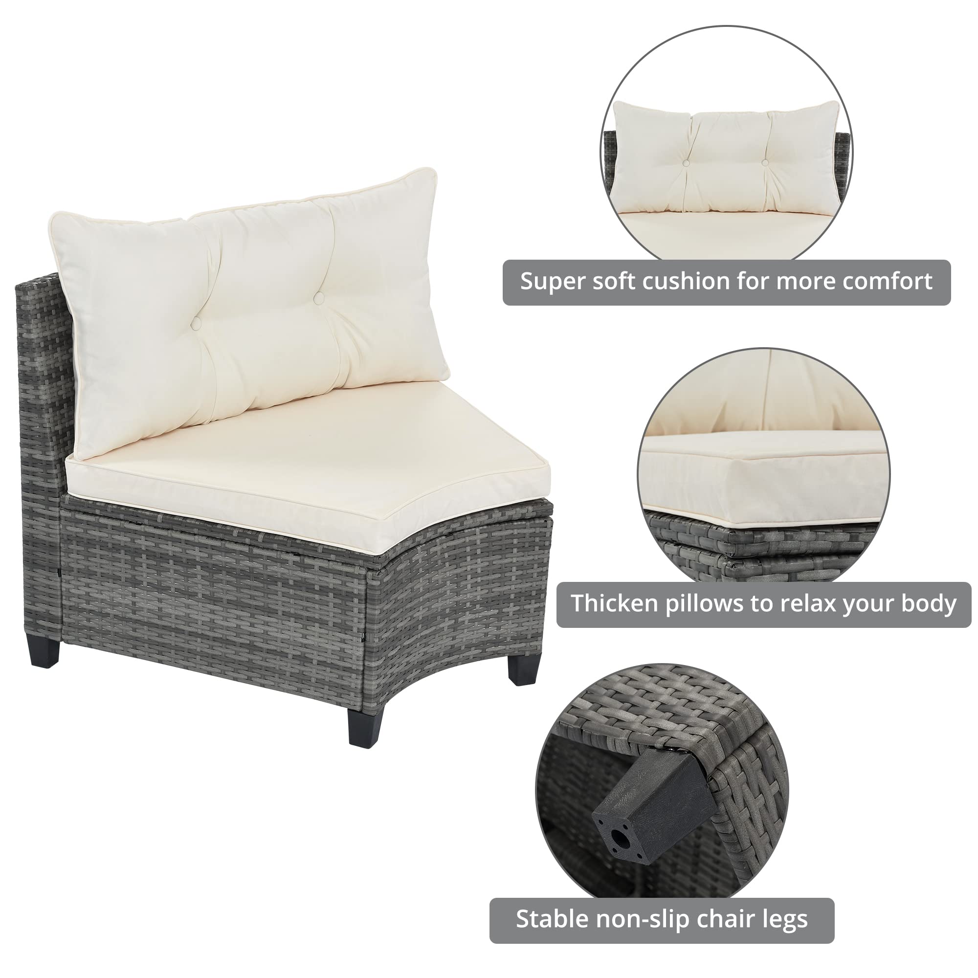 BNSPLY 8-Piece Patio Half-Moon Sectional Furniture Set - Beige Wicker Outdoor Curved Sofa with Glass Coffee Table, Side Tables & Cushions - Perfect for Garden, Poolside, and Backyard Relaxation
