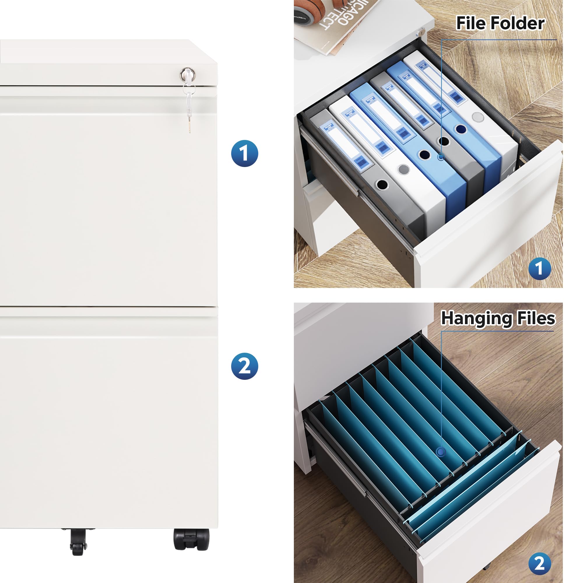 DEVAISE 2-Drawer Locking Mobile File Cabinet - Commercial Vertical Office Storage Cabinet in White - Perfect for Office, Home, or School Organization