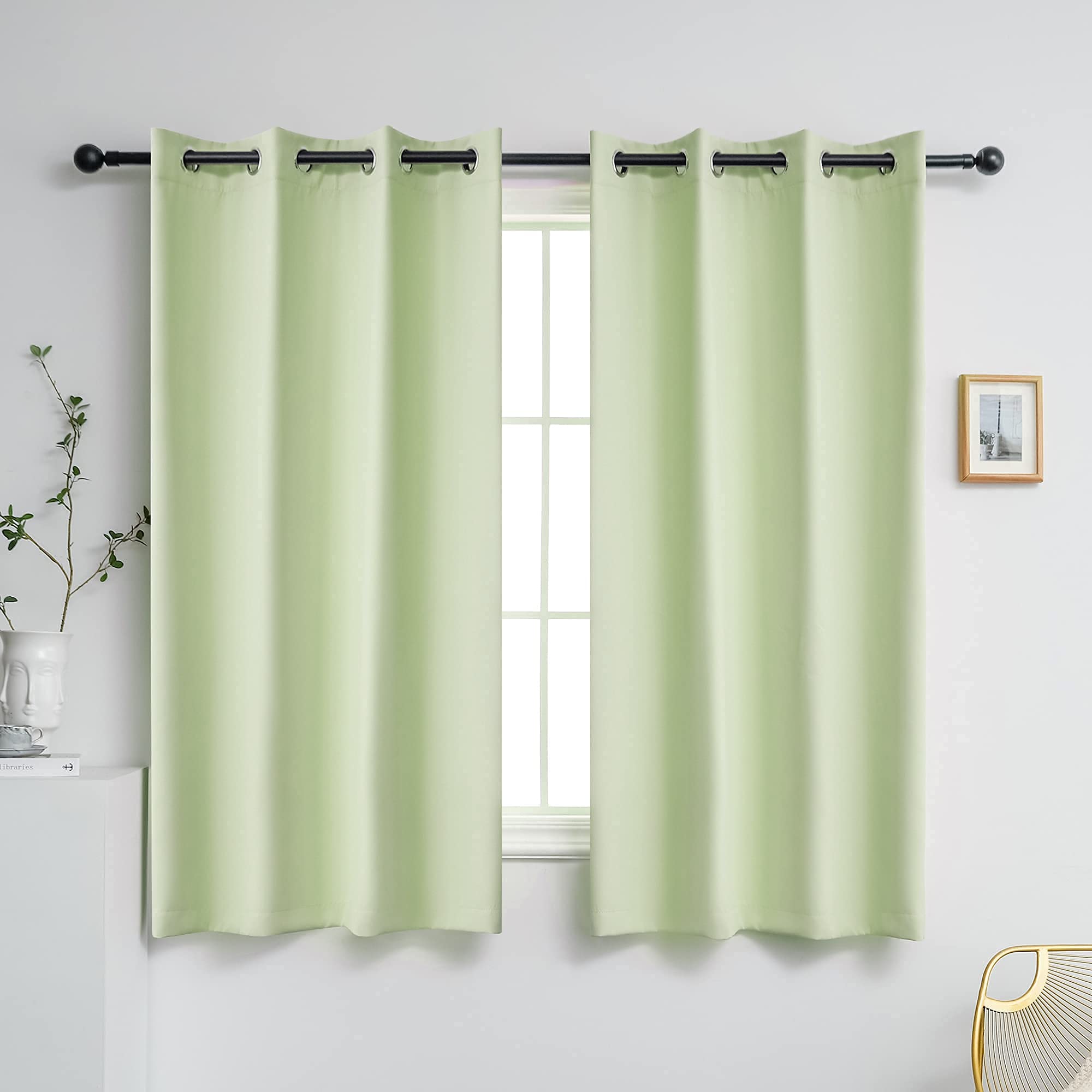 YGO Kids Room Darkening Curtains - 63 Inch Blackout Drapes for Nursery & Boys Bedroom | Triple Weave Window Curtains with Grommet Top | Pea Green Color | Perfect for Sleep, Light Control & Room Decor (1 Pair)