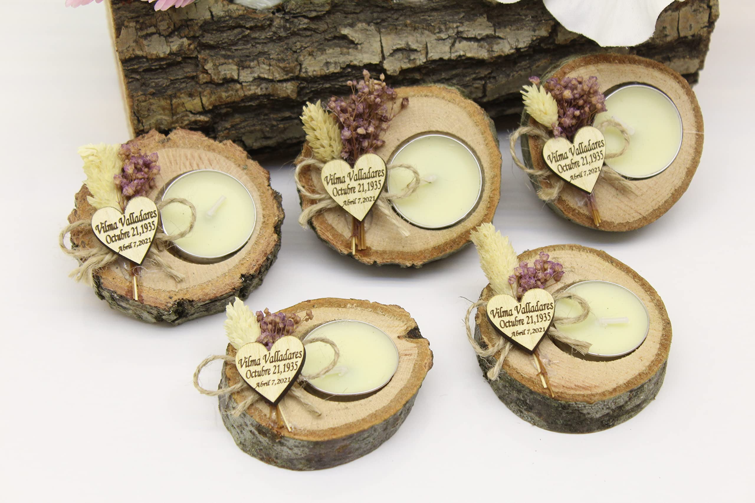 75-Piece Personalized Wooden Log Candle Holder Set - Bulk Wedding Favors for Guests, Sympathy & Memorial Gifts, Rustic Tea Light Holders - Perfect for Wedding Decor, Funeral Memorials & Home Centerpieces