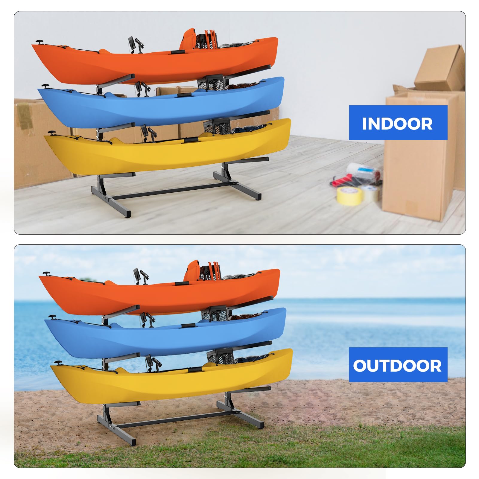Heavy Duty Freestanding Kayak Storage Rack with Wheels - Adjustable 3-Level Outdoor/Indoor Stand for Kayaks, SUPs, Canoes & Paddleboards | Perfect for Garage, Backyard & Dock Storage