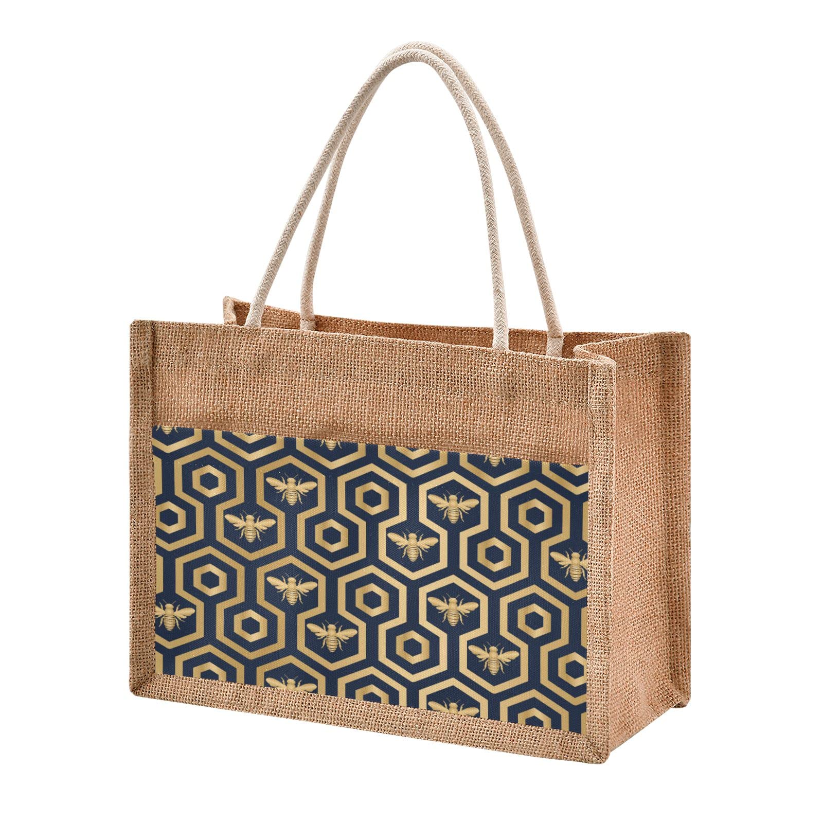 Linqin Hexagon Pattern Jute Tote Bag - Waterproof Burlap Straw Grocery Shopping Bag for Women, Eco-Friendly Beach Tote & Travel Bag - Perfect for Farmers Market, Picnic, and Summer Outings