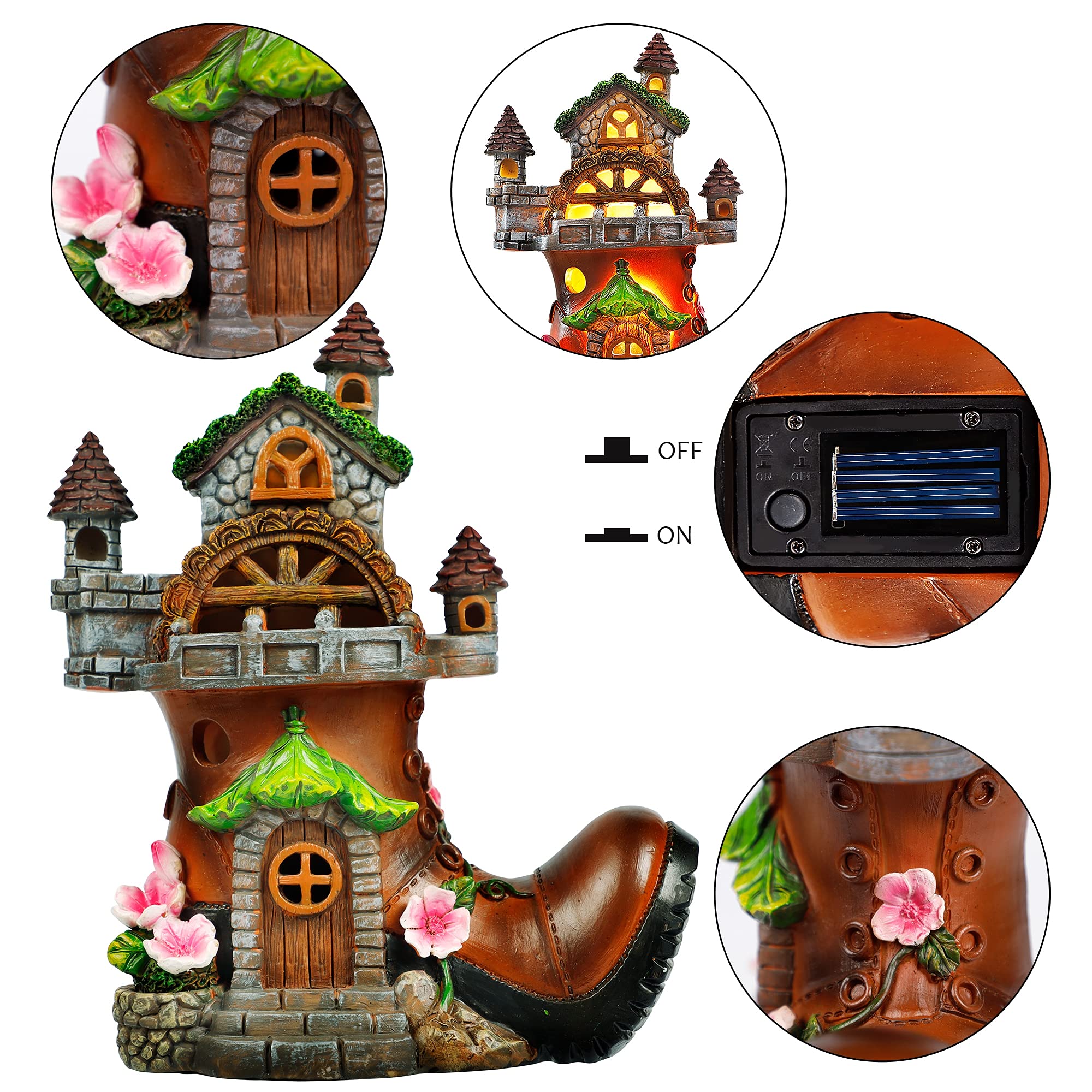 FORUP 10 Inch Solar Powered Fairy House Garden Statue with Boots - Outdoor Fairy Garden Decor Kit with LED Lights for Patio, Lawn, Yard & Backyard - Perfect for Fairy Gardens, Flower Beds & Gift Giving