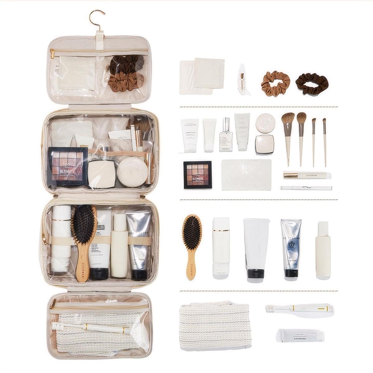 Portable Large Capacity Cosmetic Bag for Travel - Double Layer Makeup Organizer with Brush Storage | Perfect for Skincare Products & Makeup Essentials (Upgraded White) - Ideal for Daily Use, Travel & Gift Giving