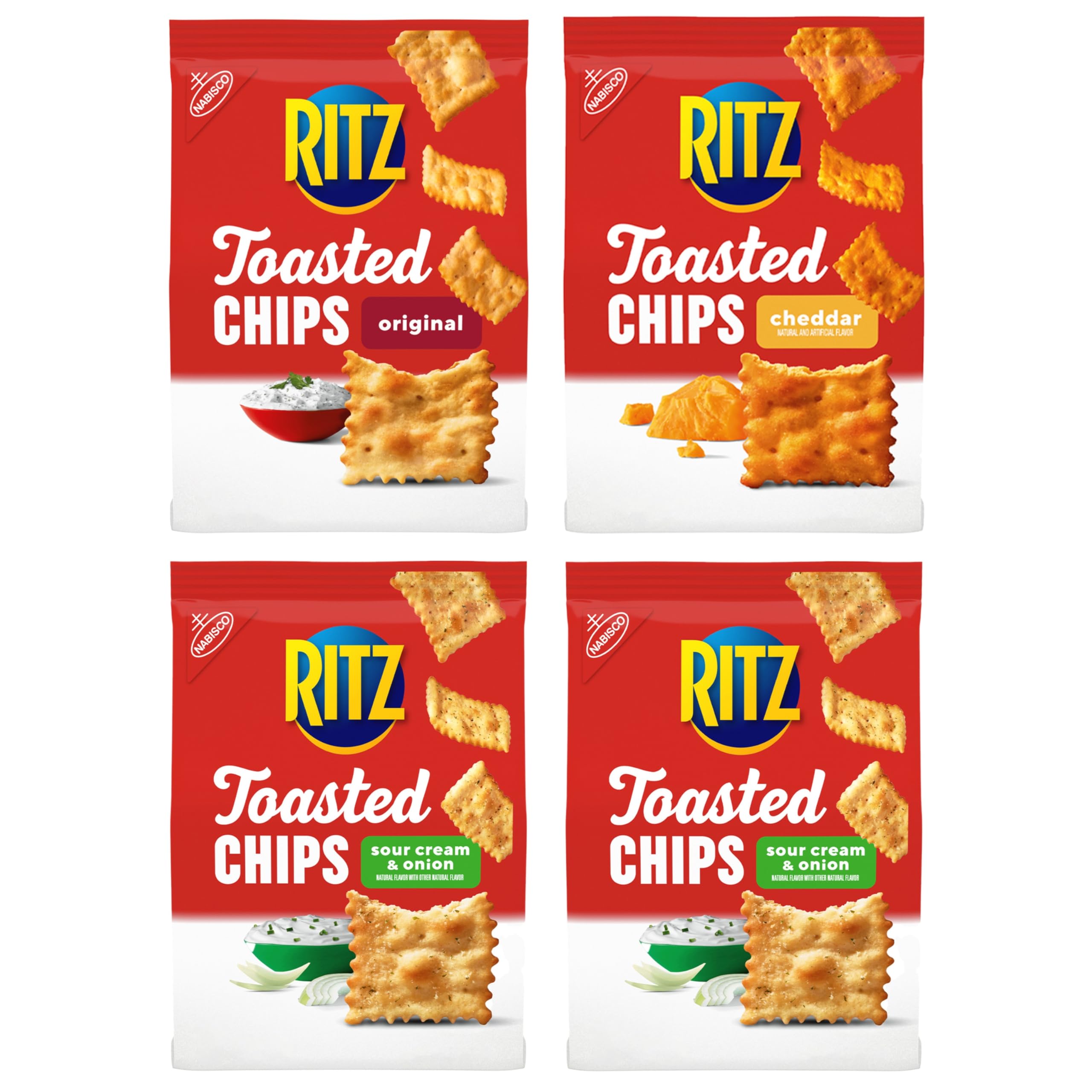 RITZ Toasted Chips Variety Pack - Cheddar, Sour Cream & Onion, Original Flavored Crackers | Bulk Party Snacks for Office, School & Family Gatherings (4 Bags)
