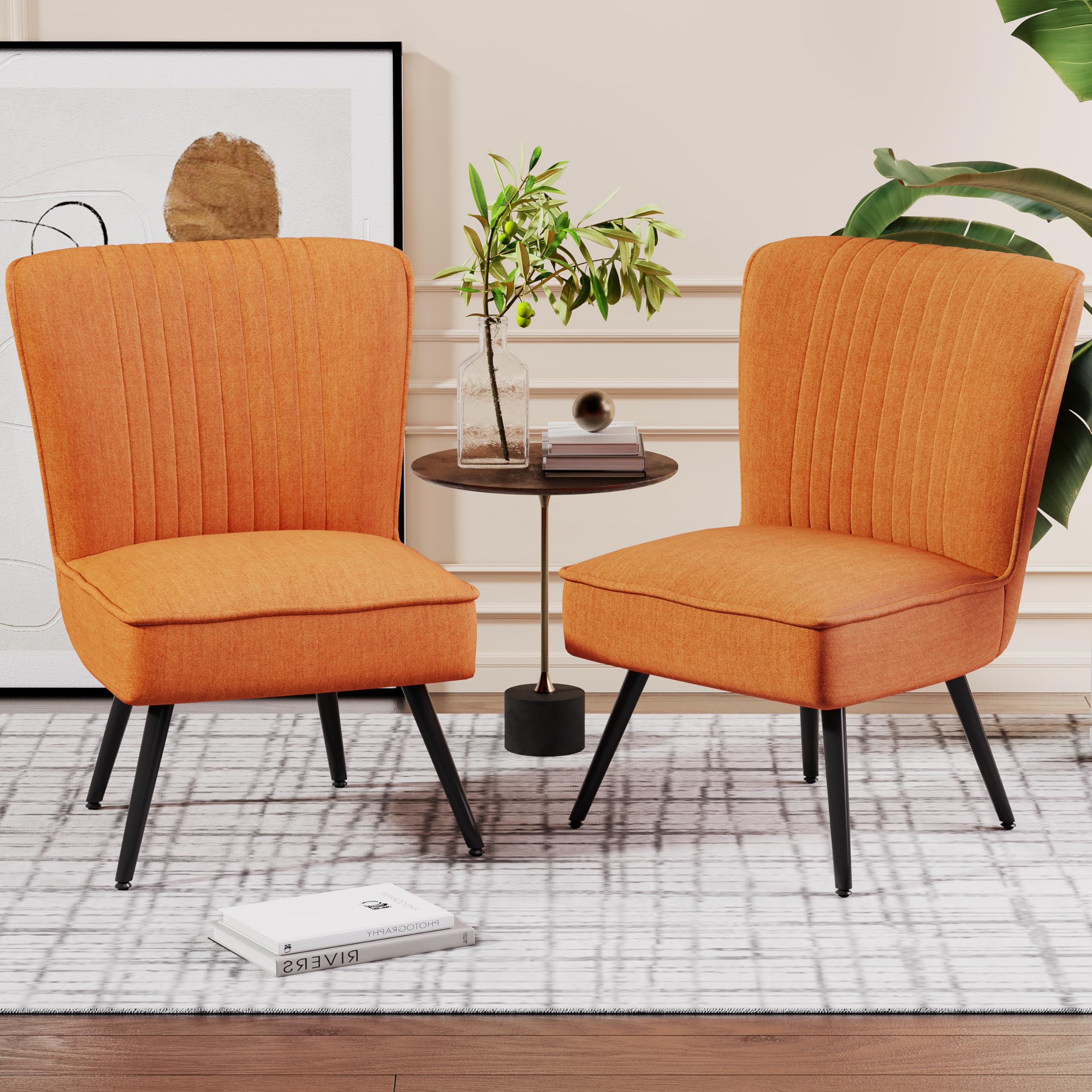 Alunaune Orange Accent Chair Set of 2 - Modern Upholstered Living Room & Bedroom Armless Slipper Chairs - Comfy Wingback Sofa for Guest Reception, Lounge, and Reading Nook