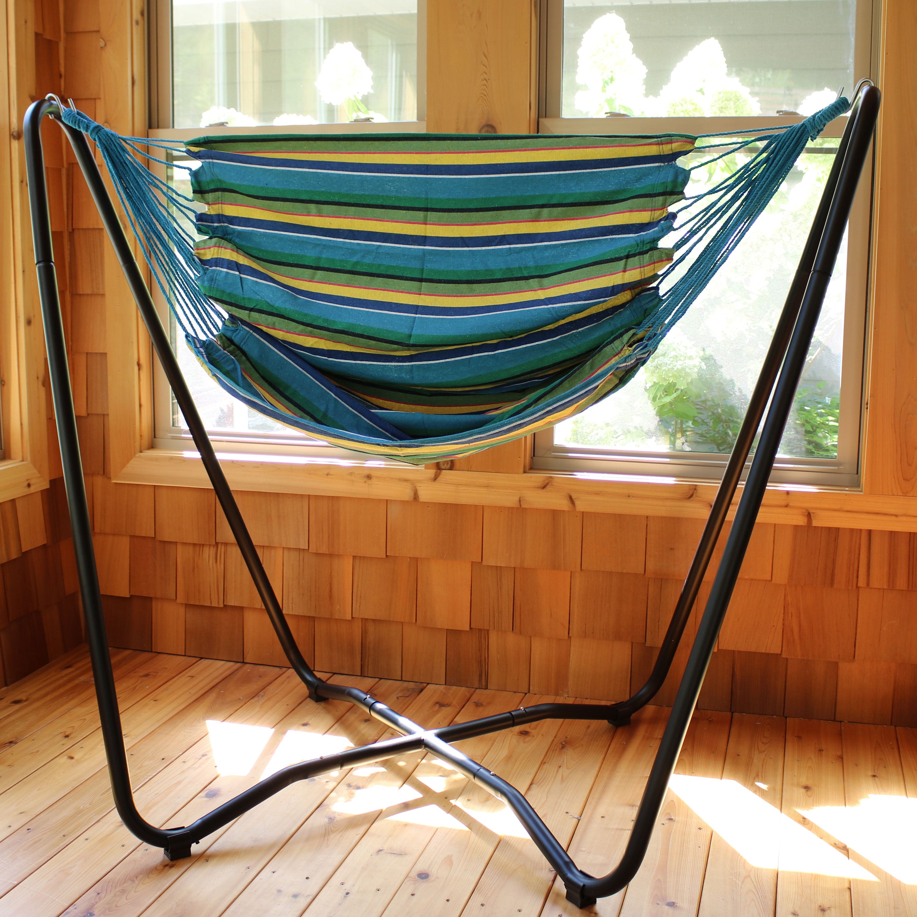 Sunnydaze Hanging Rope Hammock Chair with Space-Saving Stand - Outdoor & Indoor Relaxation for Patio, Garden, Balcony, and Bedroom