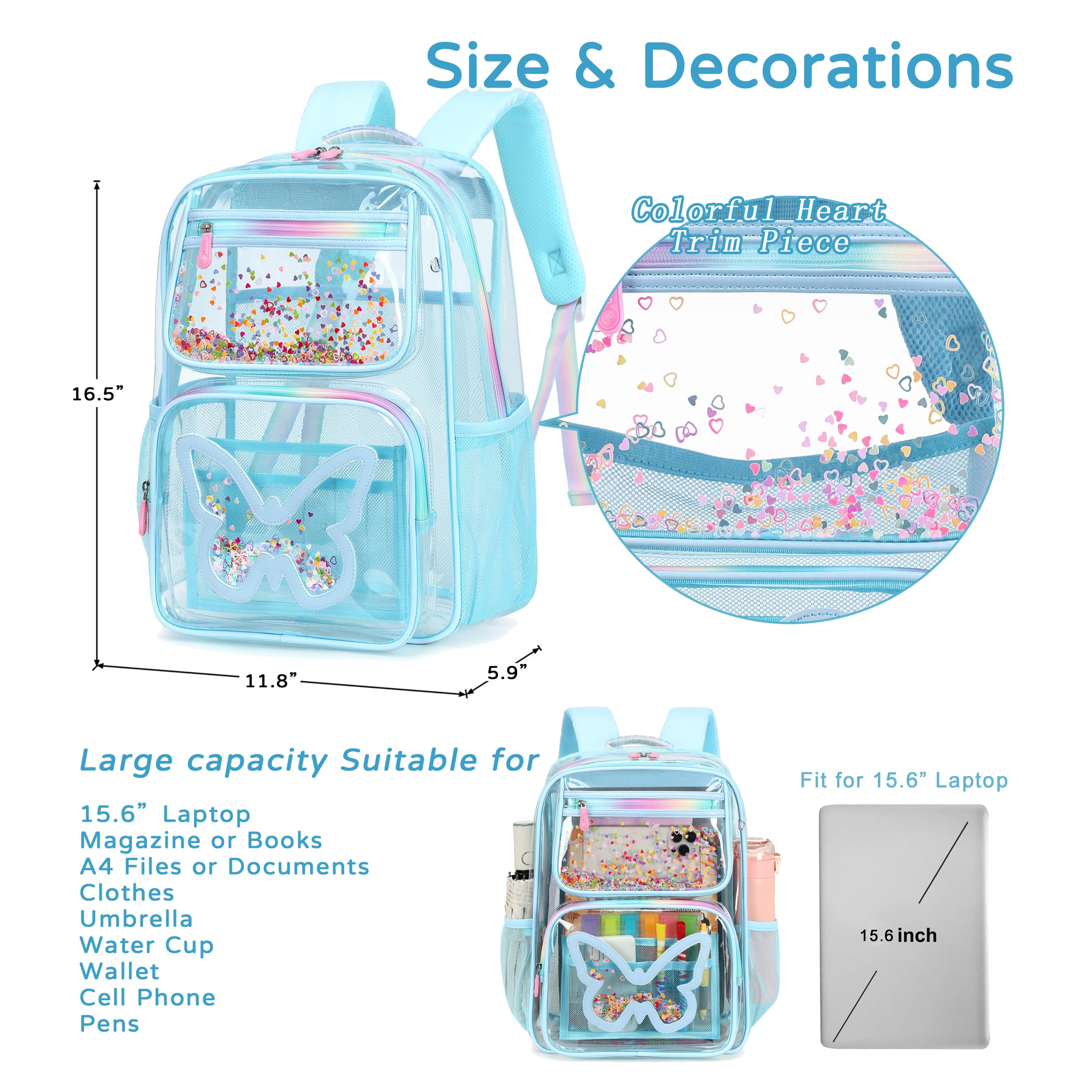 Clear Backpack for School & Travel - Large Heavy Duty See-Through Bookbag with Butterfly Design | Stadium Approved Transparent Backpack for Women, Teens & Students | Perfect for Work, Concerts & Daily Use (Blue)