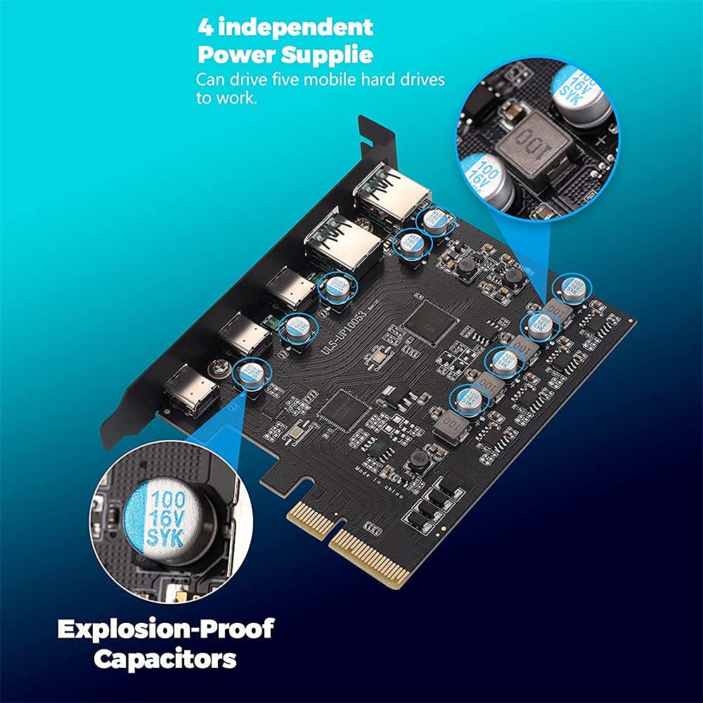 PCIe to USB 3.2 5-Port Expansion Card - 10Gbps (3xC + 2xA) for PC - Windows/Linux/Mac - Desktop & Workstation Use